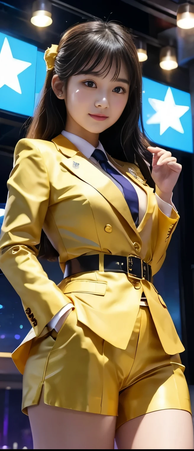 formal idol girl、A pure girl's face、 hypo、 tight shorts 、gold formal jacket、、spice belt、Glowing Star Casino、