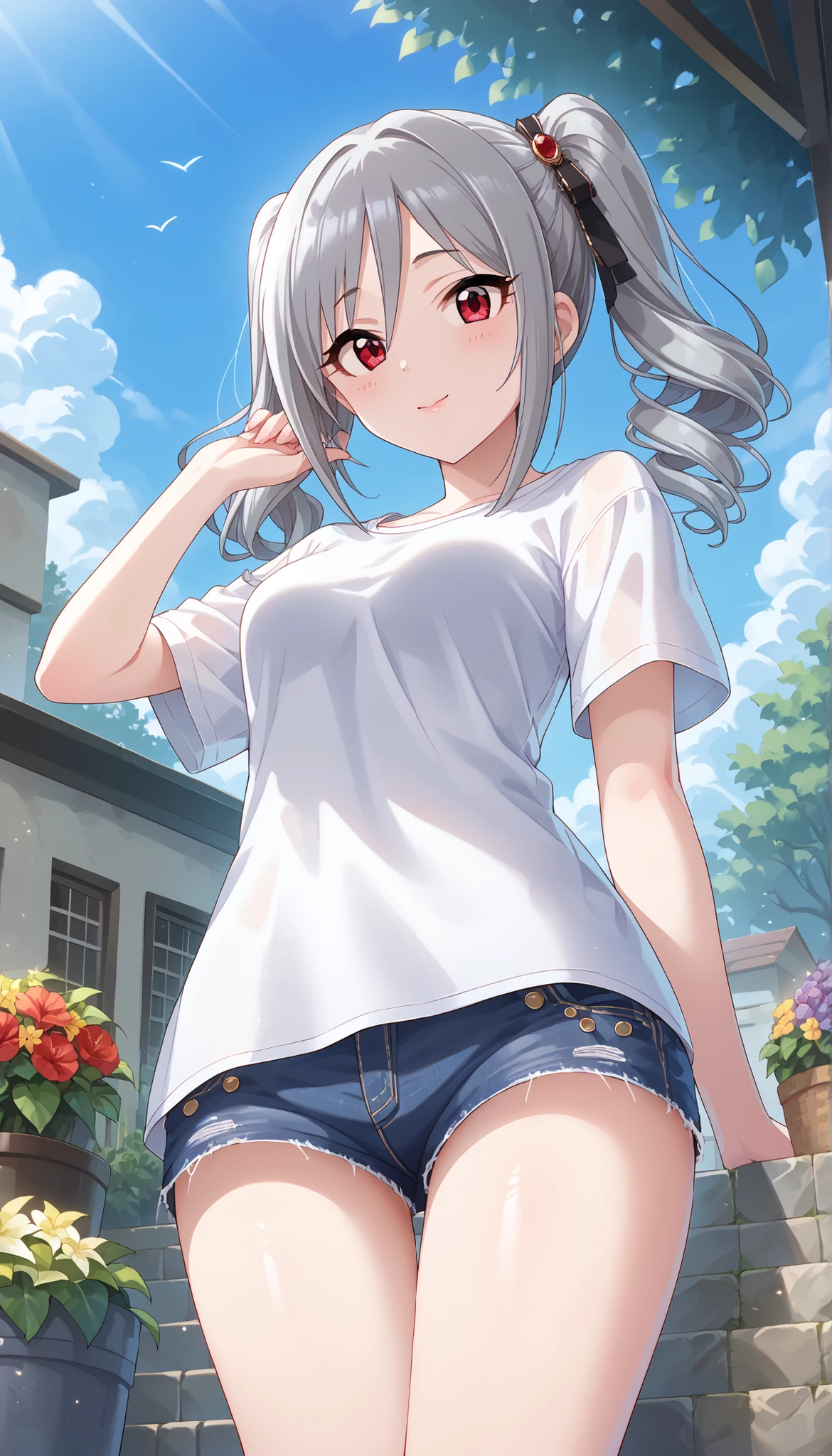 (((Ranko Kanzaki))),white shirt, denim shorts,thin thighs,medium breasts,(((Outdoors))),Close-up,garden, Silver Hair,TWIN TAILS,((low angle)),Ulchan-6500-v1.1, ( RAW photos :1.2), beautiful detailed, very detailed目 美しい目, beautiful eyes,Red Eyes、 large file size, high resolution, very detailed, Best Quality, [masterpiece:1.6], Awareness-raising, very detailed, CG, finely, Best Quality, 8K wallpaper, perfect body shape,Dynamic,very detailed,Bare legs