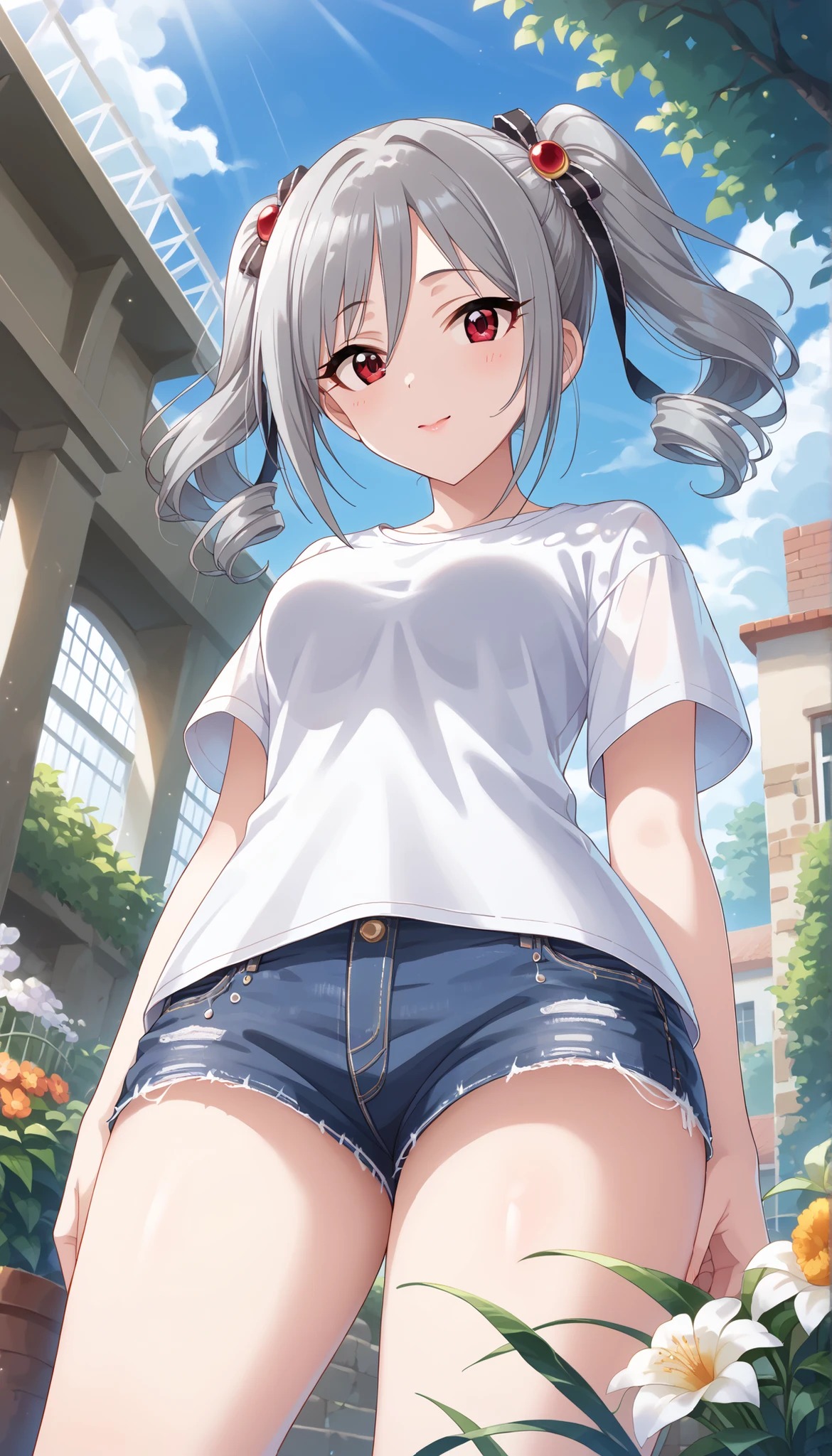 (((Ranko Kanzaki))),white shirt, denim shorts,thin thighs,medium breasts,(((Outdoors))),Close-up,garden, Silver Hair,TWIN TAILS,((low angle)),Ulchan-6500-v1.1, ( RAW photos :1.2), beautiful detailed, very detailed目 美しい目, beautiful eyes,Red Eyes、 large file size, high resolution, very detailed, Best Quality, [masterpiece:1.6], Awareness-raising, very detailed, CG, finely, Best Quality, 8K wallpaper, perfect body shape,Dynamic,very detailed,Bare legs