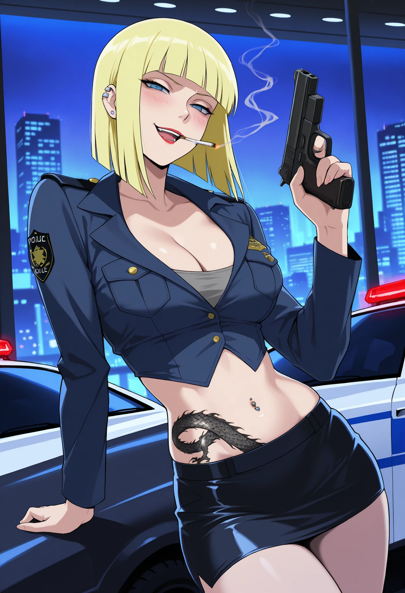 score_9, score_8_up, score_7_up, source_anime, samui, blue eyes, blonde hair, short hair, bangs, blunt bangs,medium large breasts,, ear piercing, long hair, blush, lipstick,Hot girl, baddie, smoking, sensual, attractive, , bar background , inside bar , indoors , cityscape , casino , nightclub , city lights , masterpiece, best quality, highly detailed, a girl in police uniforms , police outfit, military outfit, open mouth, cleavage, evil smile, smile, (nsfw) not safe for work, official artwork, , beautiful girl, micro pencil skirt, pencil skirt, micro skirt, exposedbelly, exposed navel, exposed midriff, exposed lower belly, holdi ng a gun, holding pistol,next to police car,police station, police car, , navel piercing, , dragon tattoo , narrowed eyes , tattoo midriff , looking at wiewer