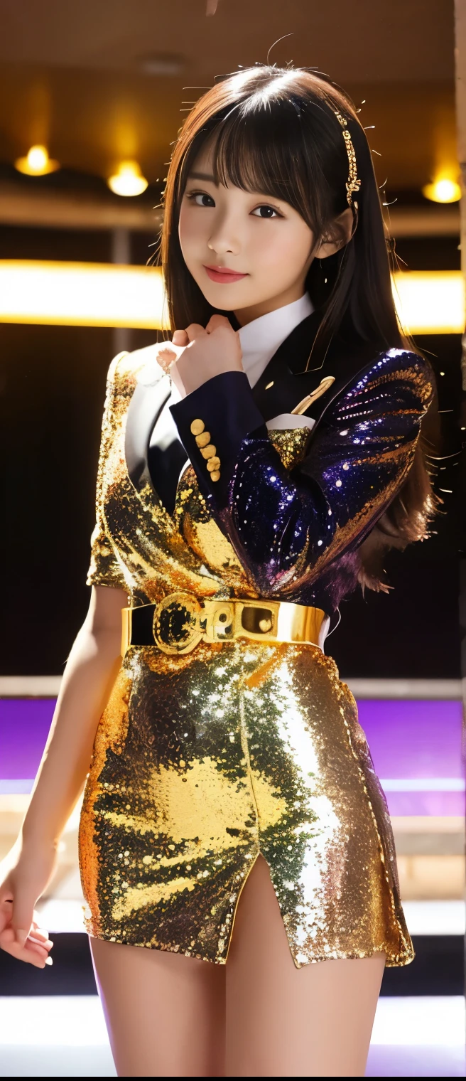 formal idol girl、A pure girl's face、 hypo、、gold sequin formal tight miniskirt suit、、spice belt、Glowing Star Casino、