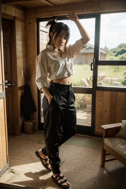 Masterpiece), (Best Quality) 1girl, petite, tomboy, short black hair, pale, perfect skin, dark eyeshadows, casual loose fiting clothes, looks a bit shy, decent smile, sfw, hareem pants