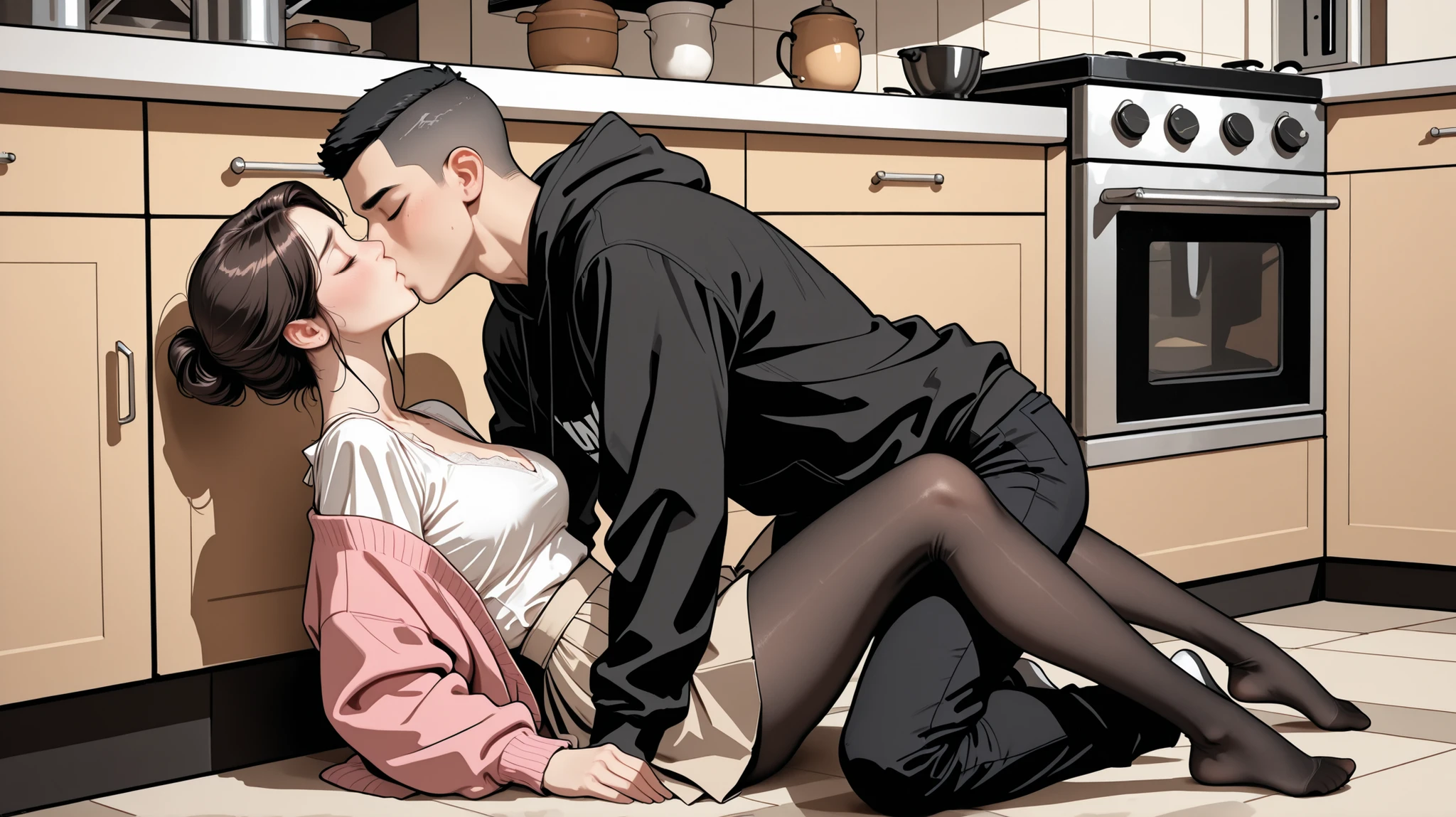 high quality, Perfect Dynamic Figures, sad expression, Closed eyes, ((black updo hair)), A mature Korean woman sits on the floor with her legs slightly spread, Crew cut Korean boy wearing black hoodie and black pants, kiss, ((black pantyhose)), afternoon, Kitchen, pink cardigan, white blouse, ((beige flared skirt)), panties,