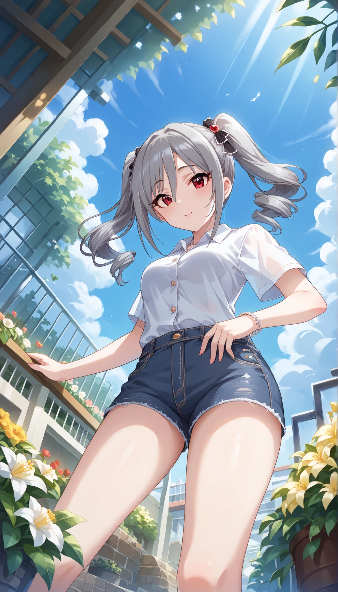 (((Ranko Kanzaki))),white shirt, denim shorts,thin thighs,medium breasts,(((Outdoors))),Close-up,garden, Silver Hair,TWIN TAILS,((low angle)),Ulchan-6500-v1.1, ( RAW photos :1.2), beautiful detailed, very detailed目 美しい目, beautiful eyes,Red Eyes、 large file size, high resolution, very detailed, Best Quality, [masterpiece:1.6], Awareness-raising, very detailed, CG, finely, Best Quality, 8K wallpaper, perfect body shape,Dynamic,very detailed,Bare legs