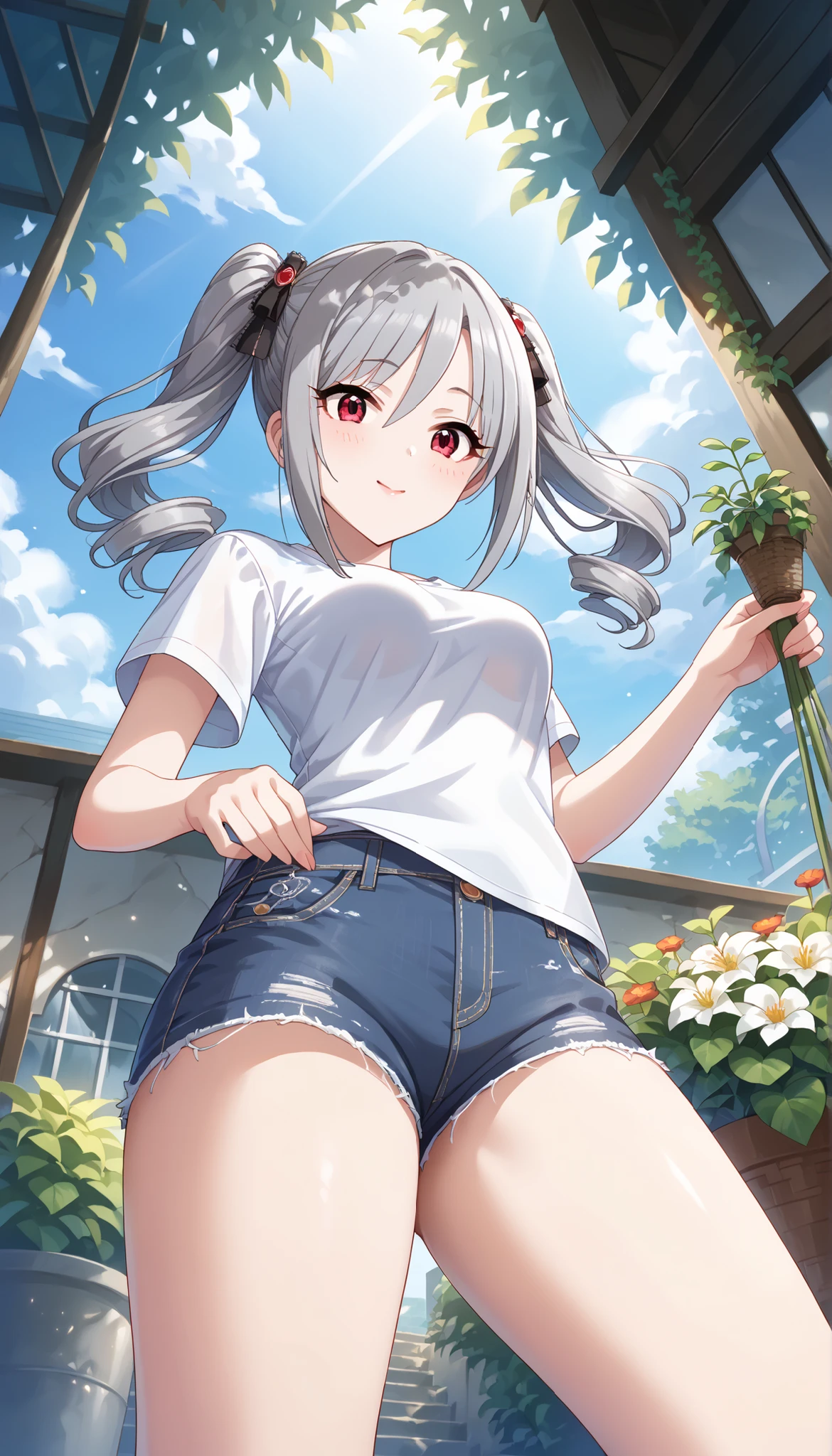 (((Ranko Kanzaki))),white shirt, denim shorts,thin thighs,medium breasts,(((Outdoors))),Close-up,garden, Silver Hair,TWIN TAILS,((low angle)),Ulchan-6500-v1.1, ( RAW photos :1.2), beautiful detailed, very detailed目 美しい目, beautiful eyes,Red Eyes、 large file size, high resolution, very detailed, Best Quality, [masterpiece:1.6], Awareness-raising, very detailed, CG, finely, Best Quality, 8K wallpaper, perfect body shape,Dynamic,very detailed,Bare legs