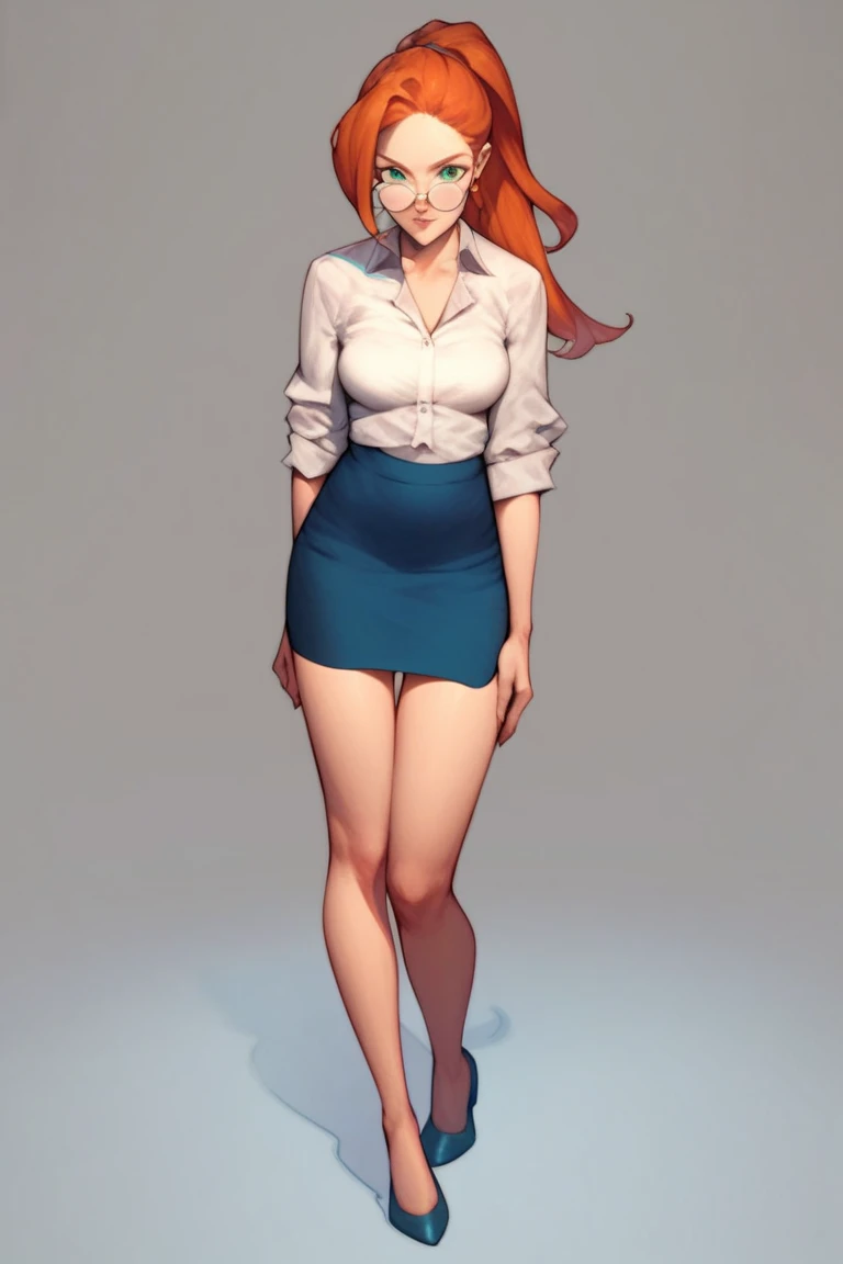 (mature female), 1girl, skinny, large breast, curves, red hair, long hair, long twintails, two side up, blunt bangs, pink eyes, white collared shirt, long sleeves, collarbone, light blue shorts, black mary janes, standing, full body