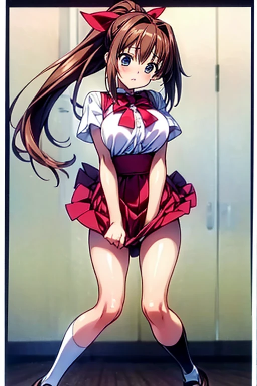 UHD, masterpiece, anatomically correct, textured skin, super detail, best quality, highres, full body, This anime character's name is "B", "B" is for 1girl, solo, Characters similar to rias gremory, "painting style : gainax anime style, kyoto animation style, inspired by Tsubasa Nakai, anime moe artstyle, anime visual of a cute girl, seductive anime girl, beautiful alluring anime teen, smooth anime cg art, clean detailed anime art, painted in anime painter studio", 18 years old, light brown hair, straight hair, long hair with two sides up, mid back length hair, droopy eyes, (very big eyes), beautiful green eyes, rounded eye shape, face contours similar to rias gremory, White and healthy complexion, (smooth skin), ((slender figure)), Height:160cm, Bust:75cm, Waist:60cm, Hips:80cm, (puff short sleeve), sailor collar, (black pleated skirt), ribbon on the chest, smile