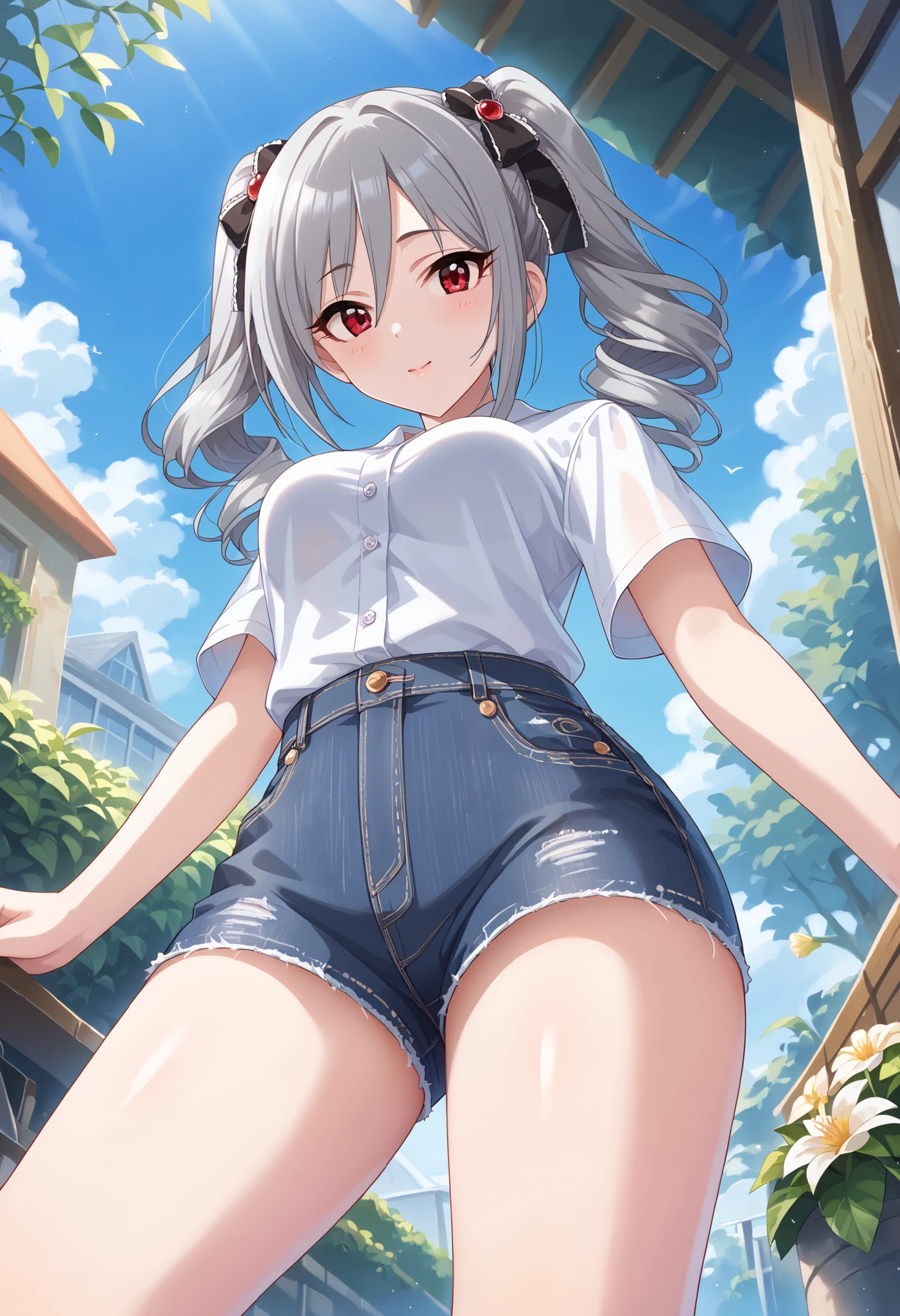 (((Ranko Kanzaki))),white shirt, denim shorts,thin thighs,medium breasts,(((Outdoors))),Close-up,garden, Silver Hair,TWIN TAILS,((low angle)),Ulchan-6500-v1.1, ( RAW photos :1.2), beautiful detailed, very detailed目 美しい目, beautiful eyes,Red Eyes、 large file size, high resolution, very detailed, Best Quality, [masterpiece:1.6], Awareness-raising, very detailed, CG, finely, Best Quality, 8K wallpaper, perfect body shape,Dynamic,very detailed,Bare legs