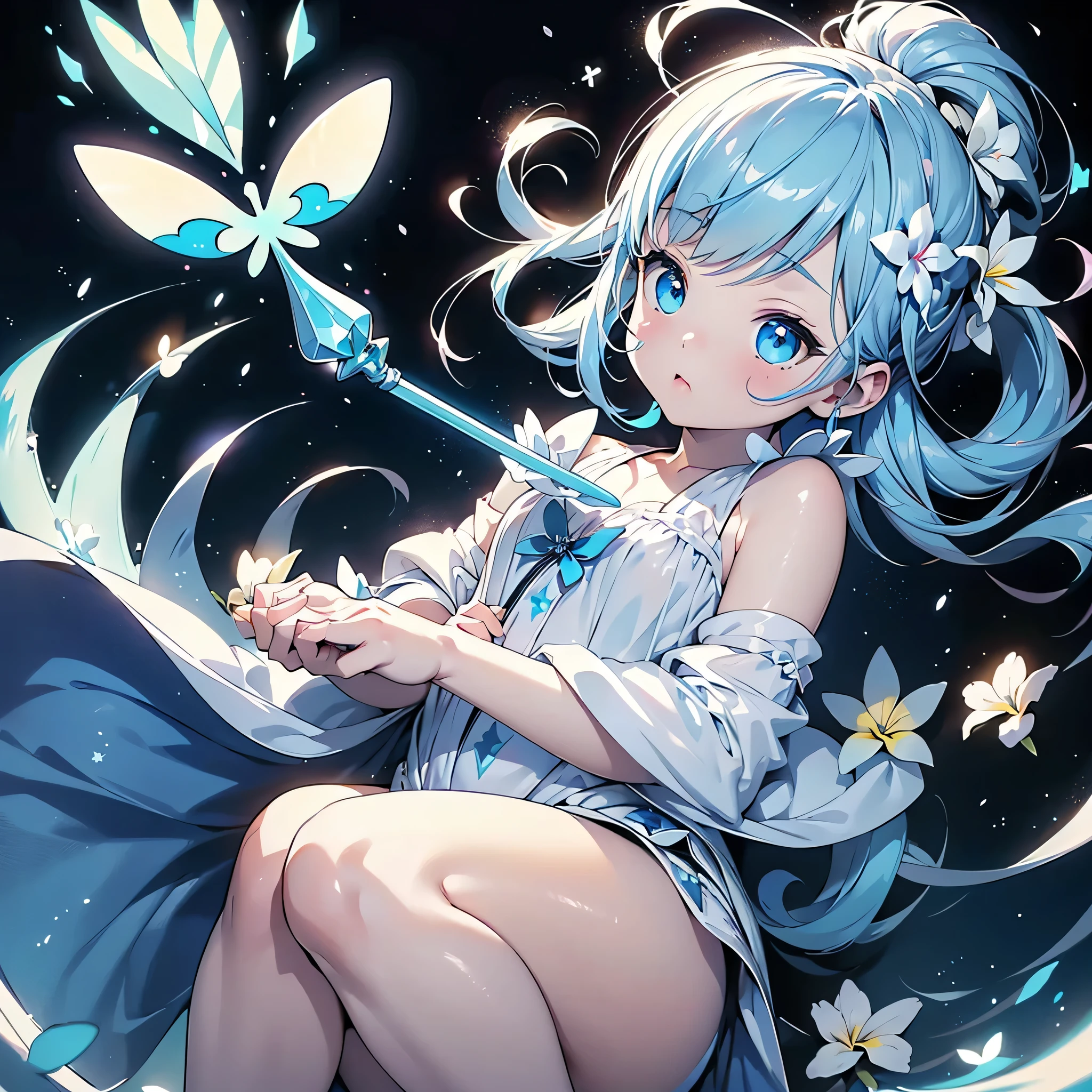absurd、Different space、 pretty face、Baby Face、Milky white and blue hair color、The background is a simple black and neon colored background、Plumeria,Plumeriaの花、 Flower blowing snow、blue neon color、Cyan、Holding a magic wand with a star motif in both hands、