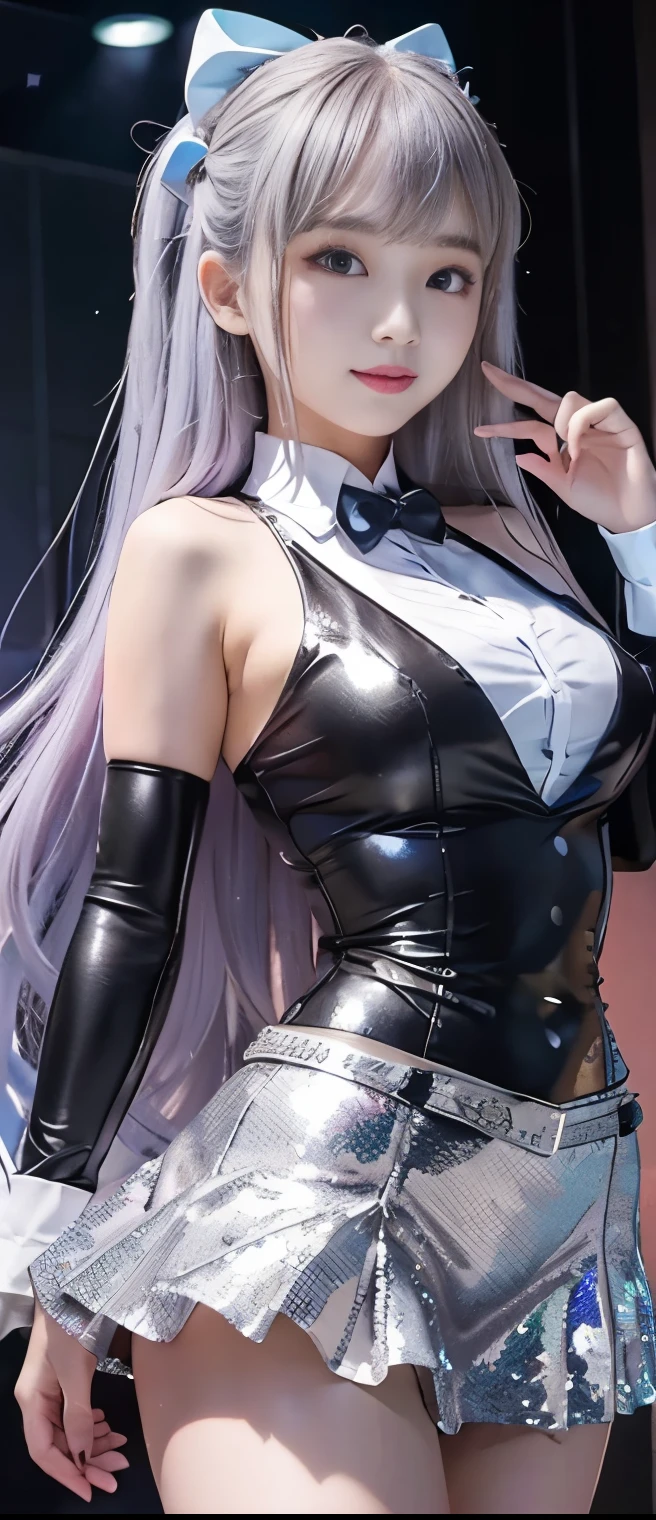 pure formal idol girl、A pure girl's face、 hypo、、silver sequin formal tight miniskirt suit、、spice belt、Glowing Star Casino、