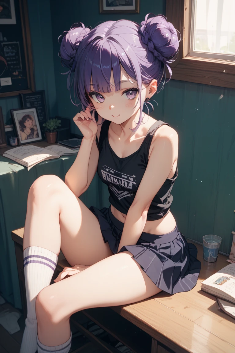 masterpiece, best quality, solo, (), 10yo, purplir, curly hair, cowboy shot,
grin, sitting, spread legs, t-shirt lift, (bare flat chest, nipples), Navel, miniskirt, playground,
