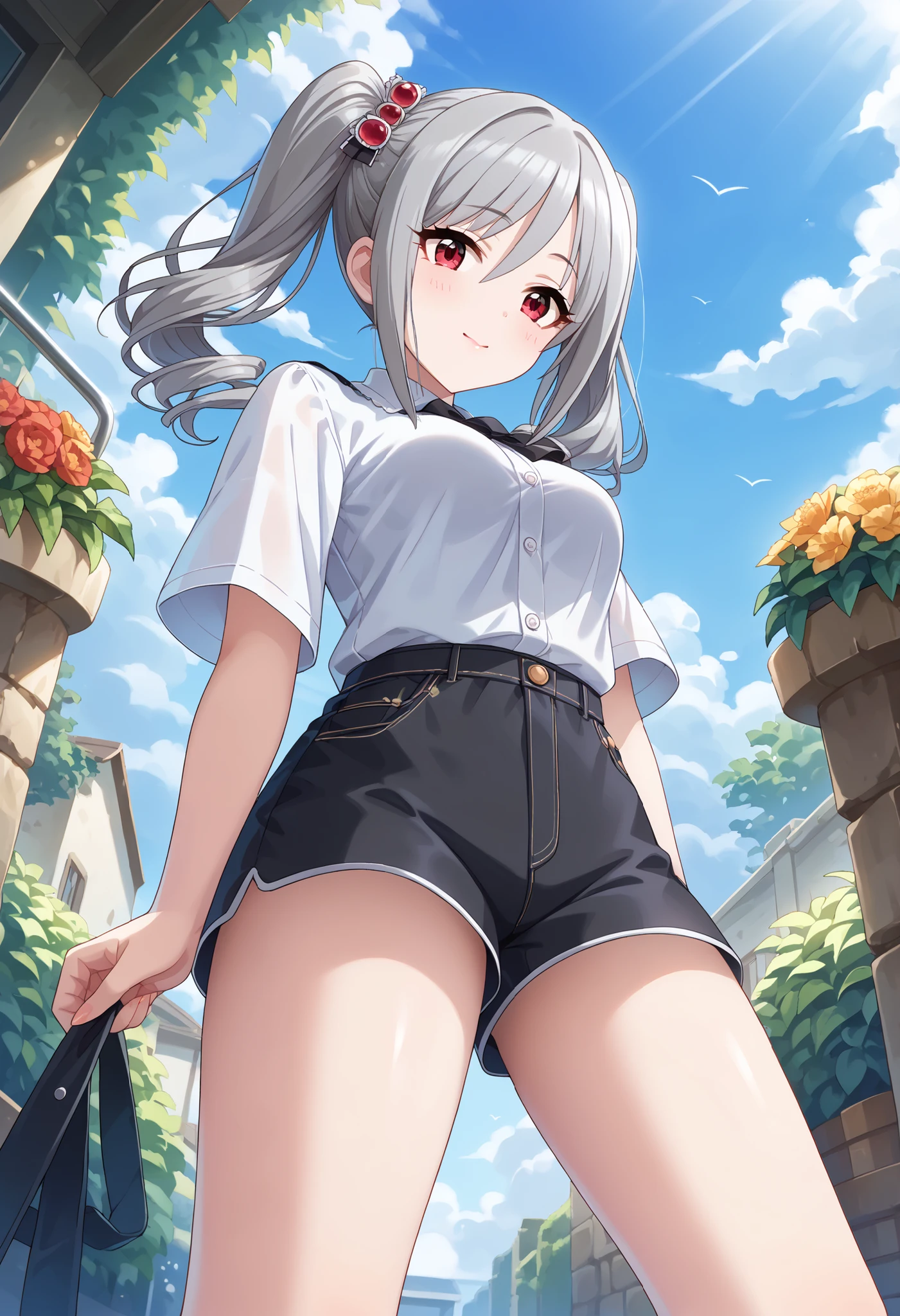 (((Ranko Kanzaki))),white shirt,black shorts,thin thighs,medium breasts,(((Outdoors))),Close-up,garden, Silver Hair,TWIN TAILS,((low angle)),Ulchan-6500-v1.1, ( RAW photos :1.2), beautiful detailed, very detailed目 美しい目, beautiful eyes,Red Eyes、 large file size, high resolution, very detailed, Best Quality, [masterpiece:1.6], Awareness-raising, very detailed, CG, finely, Best Quality, 8K wallpaper, perfect body shape,Dynamic,very detailed,Bare legs