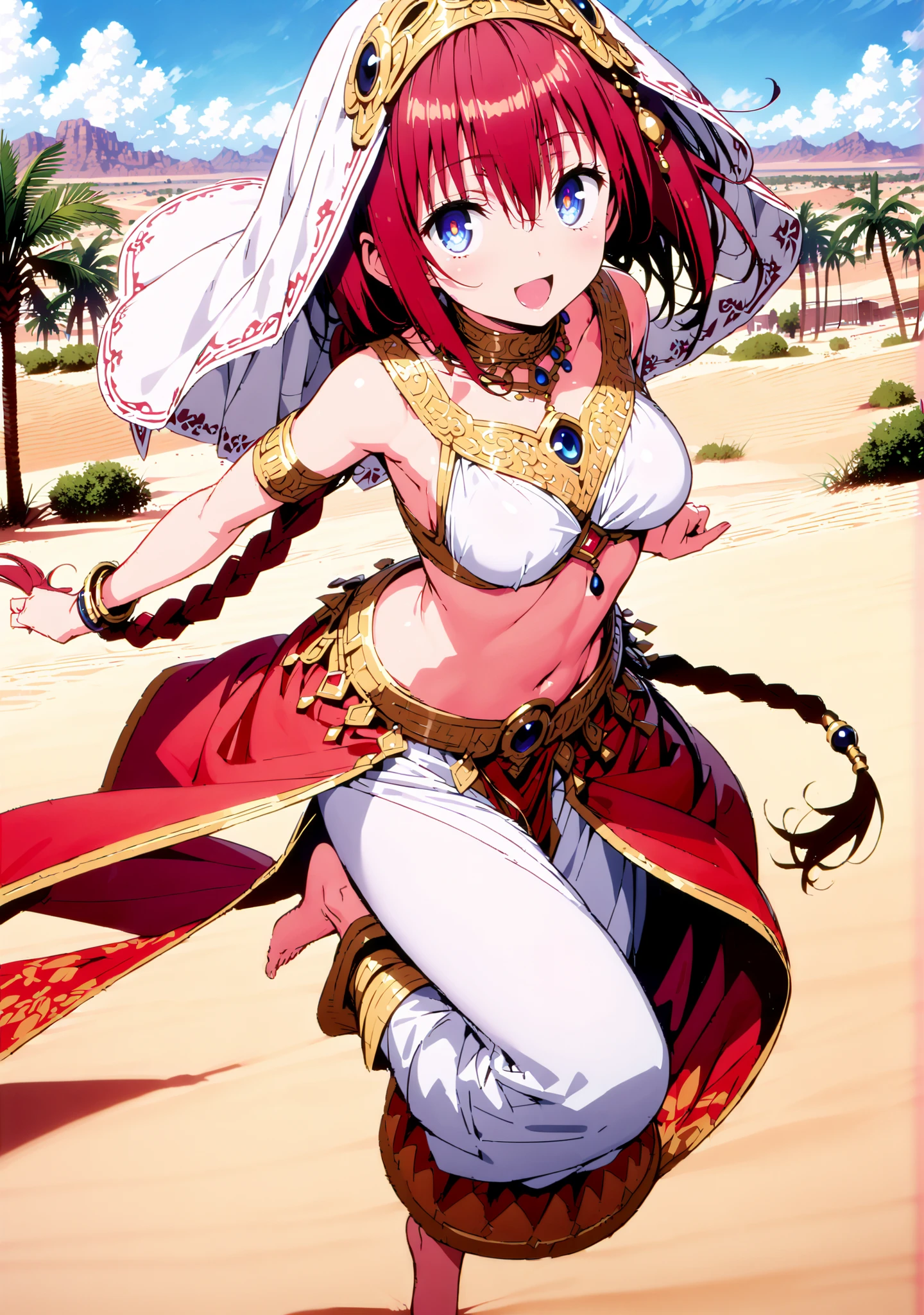 Kurosaki's thing , stupid hair, blue eyes, Single long braid, Hair Intake, hair ornament,red hair,smile,cover,opens her mouth,Medium breast, Harem outfit, White Veil, Arabian clothing,  collar , Mousebale, circlet , harem pants, bare feet,gold trim,  dancer ,Palm Tree,Dancing,full bodyがillustrationsに入るように,break outdoors, desert,オアシス
break looking at viewer,full body,
break (masterpiece:1.2), Best Quality, high resolution, Unity 8k 壁紙, (illustrations:0.8), (beautiful detailed eyes:1.6), very detailed face,  so that it fits into the illustration, Extremely Detailed CG, (perfect hand, perfect anatomy),