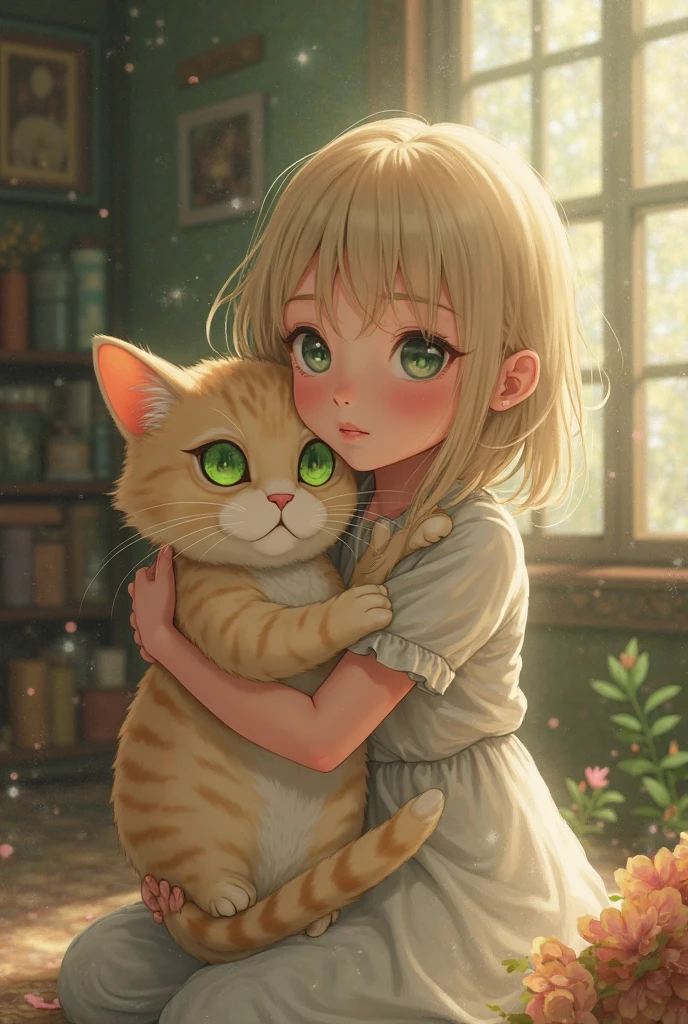 A little girl with two twisted braids,Carrying a canvas bag diagonally,The breeze gently ruffled her bangs,With her cute little orange cat,Walk on the endless savannah,The grass is shallow on the grass,A few small yellow flowers are scattered scattered。The image is a high-definition illustration in 4K resolution,There are highly detailed facial features and cartoonish visuals