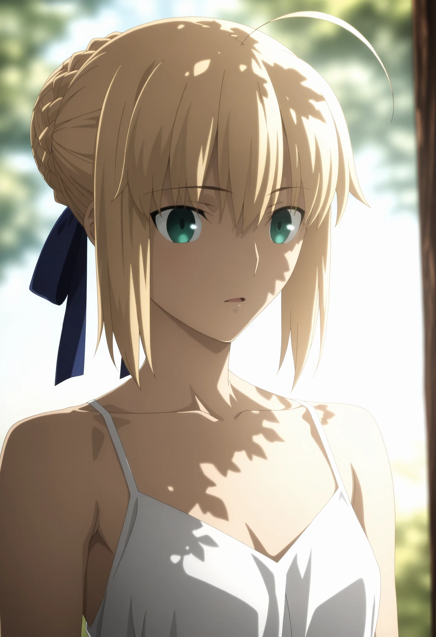 masterpiece, best quality, amazing quality, highres, absurdres, very aesthetic, high resolution, ultra detailed, perfect details, day, , outdoors, ufotable style, (dappled sunlight), backlight,
1girl, ufotable style, anime style, (anime coloring:1.5), (anime screencap:1.2) , ,
girl, slim body, slender body, ,Fate Grand Order, fate, Fate Grand Order, artoria pendragon (fate), saber (fate), blonde hair, green eyes, ahoge, hair ribbon, blue ribbon, french braid, braided bun, single hair bun, short hair, sidelocks,
(), white summer dress, (small breast), (looking at viewer), expressionless, embarrassed, light smile, light open mouth,