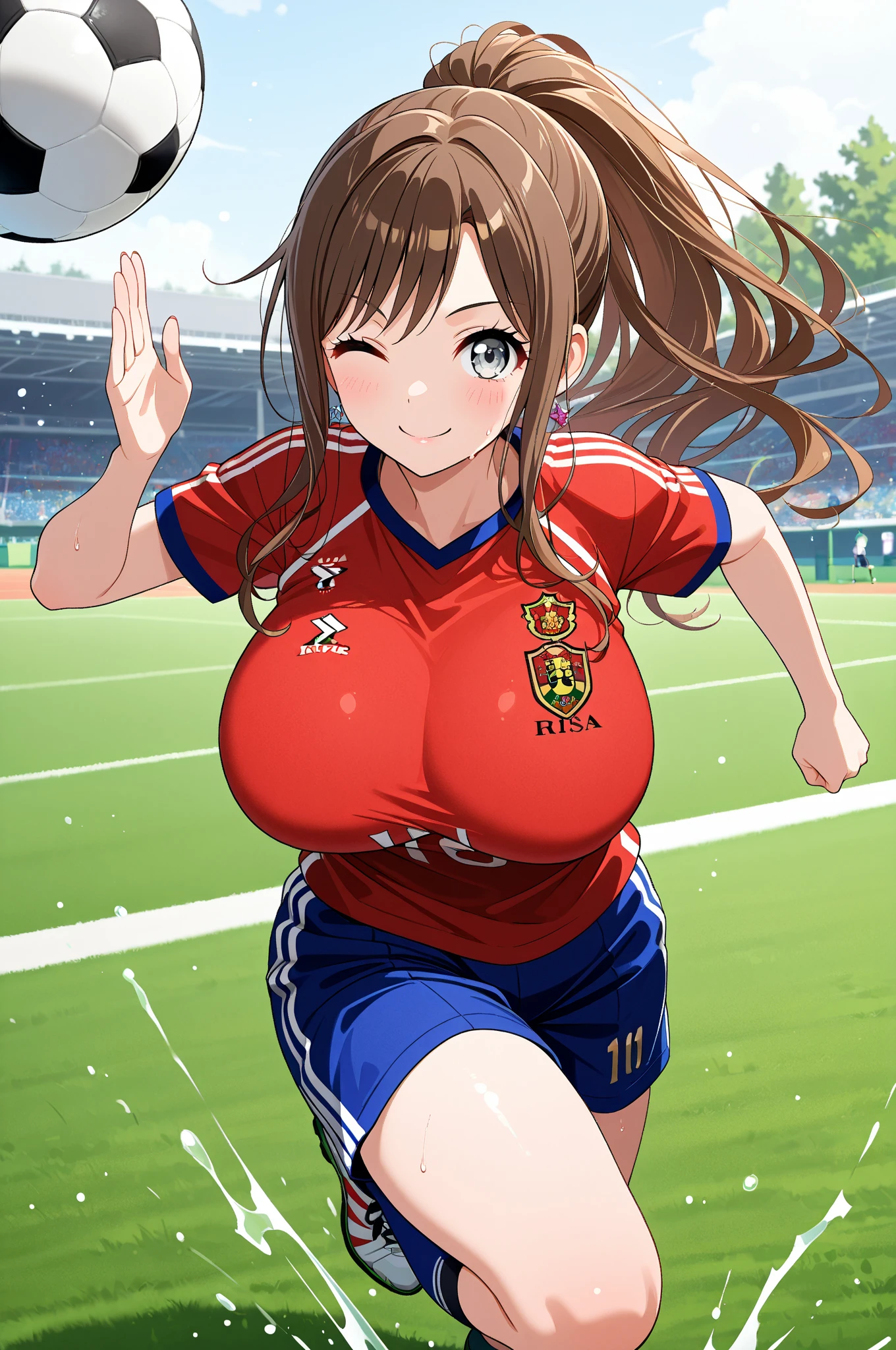 1girl, sportswear, soccer uniform, brown hair, solo, brown eyes, thighhighs, short hair, looking at viewer, sitting, shorts,Sexy figure ,smile, kugisaki nobara, stadium, shirt, black thighhighs, closed mouth, short sleeves, big breasts, soccer, bangs, outdoors, ((medium quality)), ((medium quality))