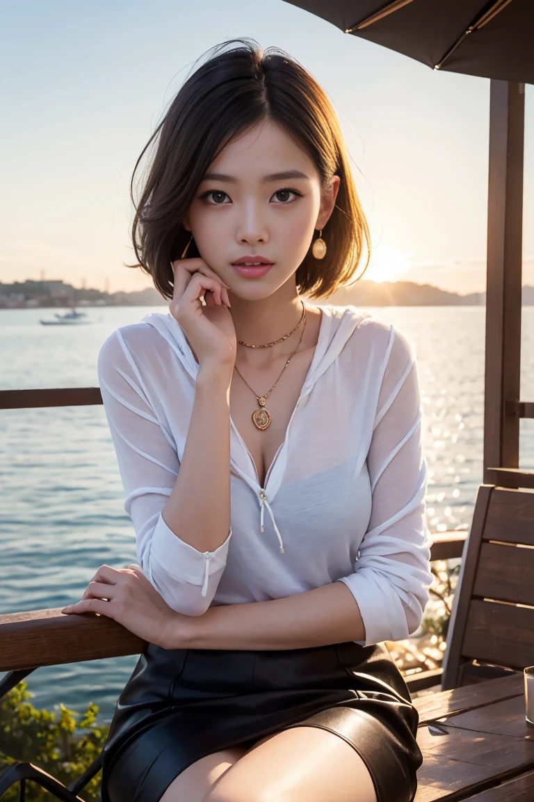 best quality, (masterpiece:1.4), (photorealistic:1.4), detailed eyes, detailed face, detailed hair, 1girl, full body, loli face, white skin, brown eyes, pink lips, off-shoulder white shirt, white pants, boats shoes, (medium breast:1.1), photo model, at sea, sunset, clear sunglasses, raised eyebrows, Social realism, white hair, tongue out, half-closed eyes, hairpods, backlighting, seating chart, sideways, Canon, 135mm, award winning, 8k