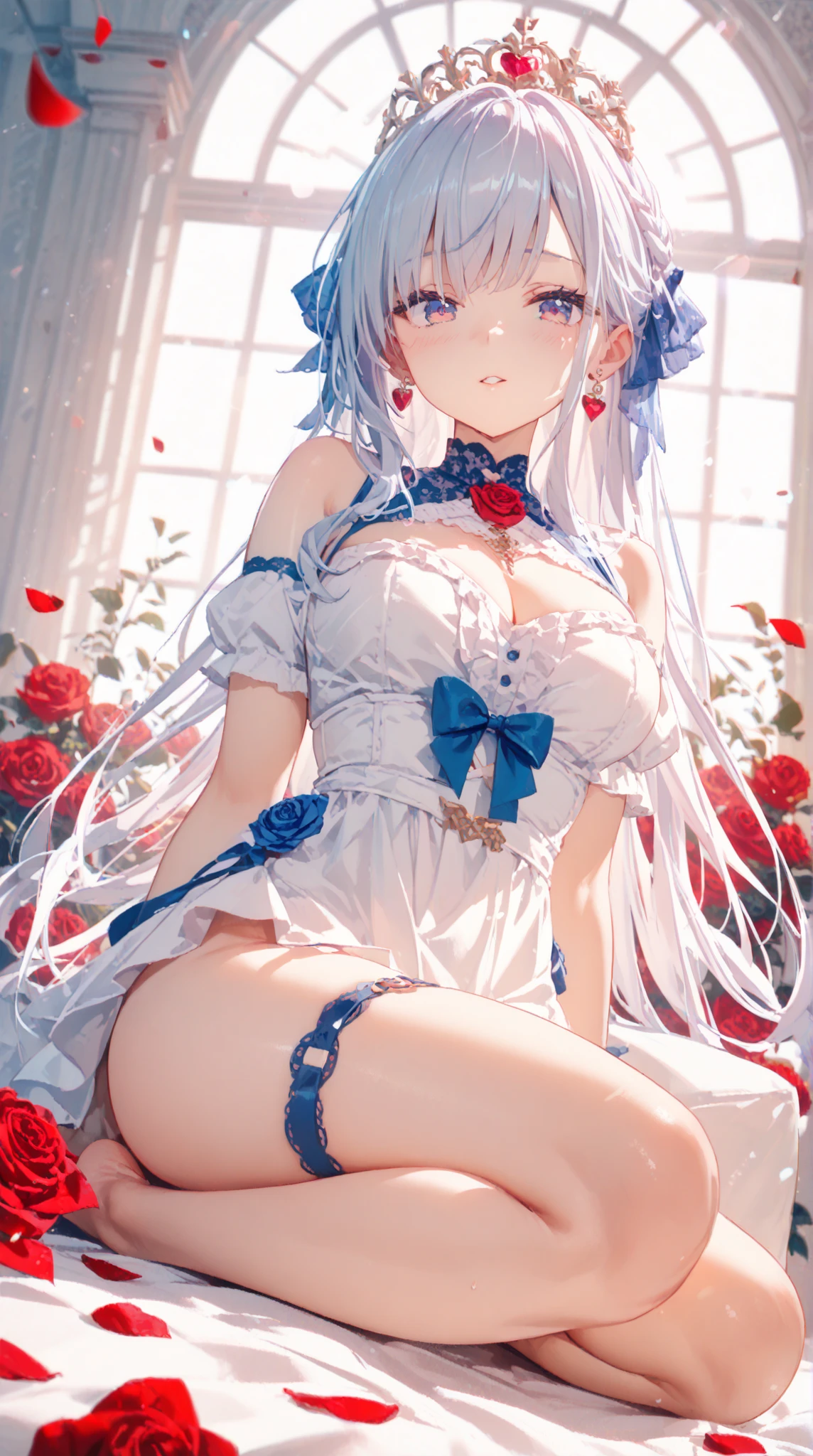 Best quality, masterpiece, ultra high res, raw photo, beautiful and aesthetic, deep shadow, fairy theme,(ultra detailed:1.3),
1girl, standing pose, headdress, (beautiful face, detailed eye:1.2), embarrassed, drill hair, long hair, blonde hair, gradient hair, yellow eyes, solo, (busty breasts, gigantic breasts:1.1), big hair, blue hair, divine goddess, looking at viewer, indoors, royal palace, luxurious bedroom, room full of curtain, astraea, full body, strawberry prints, dress,navel, frills 