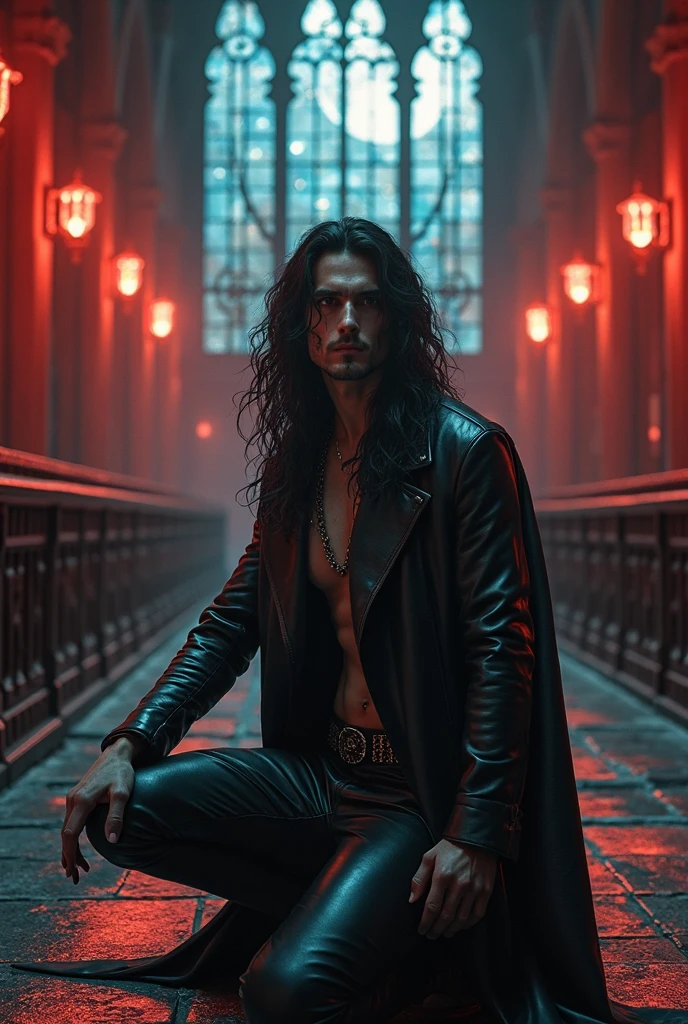 Only a one young man with curly black hair and tanned skin playing a guitar, his muscular body covered in tattoos, dressed in a black trenchcoat, standing in a dimly lit bar, (best quality,4k,8k,highres,masterpiece:1.2),ultra-detailed,(realistic,photorealistic,photo-realistic:1.37),,full body shot, golden earrings, deformed face, chiaroscuro lighting,intricate details,exquisite textures,portraits