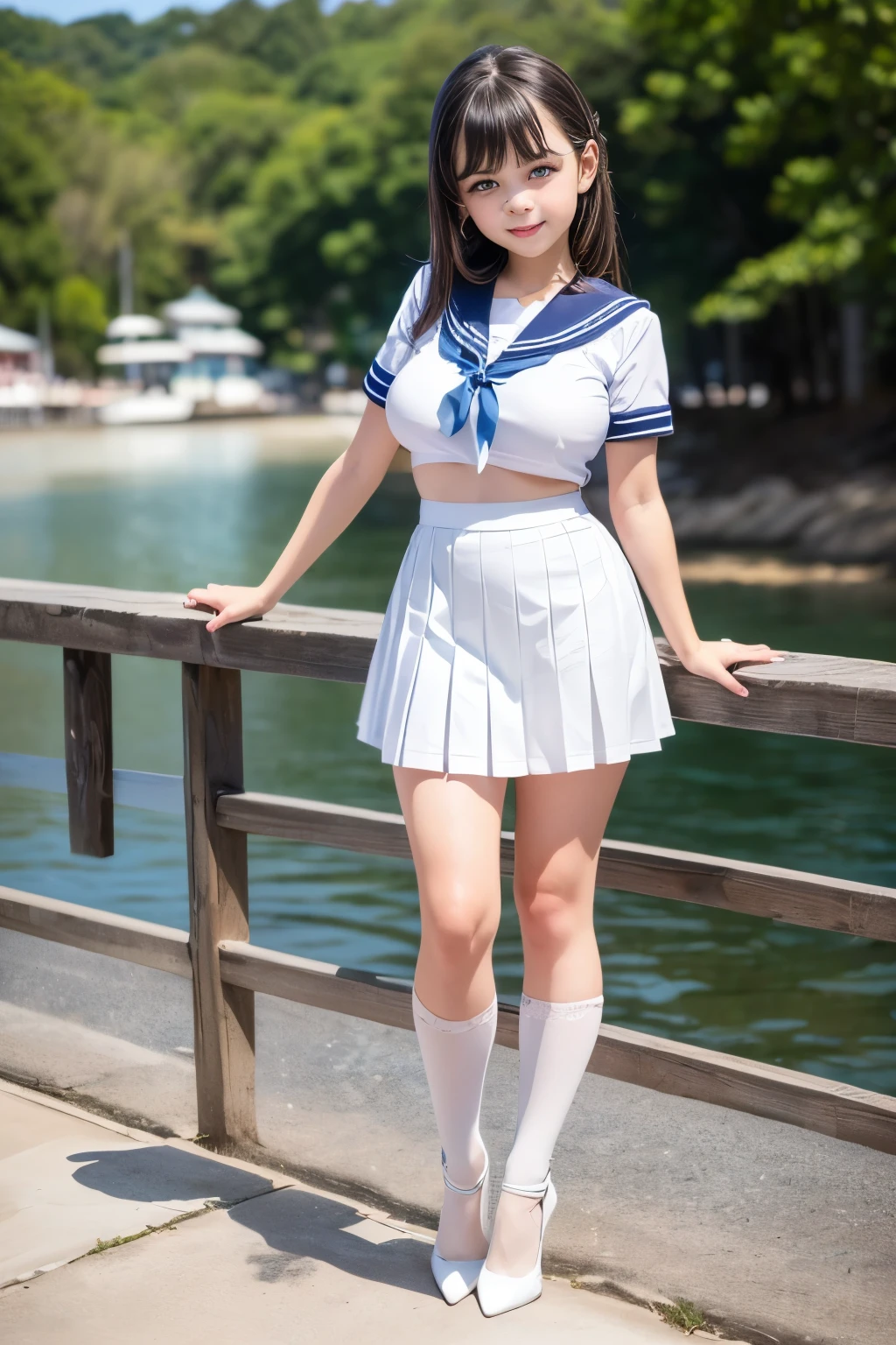 Best quality, full body focus, full body shot, perfect face, soft light, ultra high res, 8k, Masterpiece, , , view the viewer, full body , Front view, (1girl:(:1.2), , Cute face, (blue eys:1.5), (Light Blonde Medium hair, Bangs), beautiful (Big breasts:1.2), , Beautiful boob, Beautiful finger, Beautiful hands, Beautiful arms, Beautiful feet, Beautiful legs, (high resolution detail of human skin texture) , ((white Short sleeves sailor uniform, white pleated skirt, knee-high socks, white with lace trim, white pin high heels)), , Summer, Sea Side,, , (( standing, , smiling, nose blush) , )) , ,score_9, solo, no bra, no panties, ,