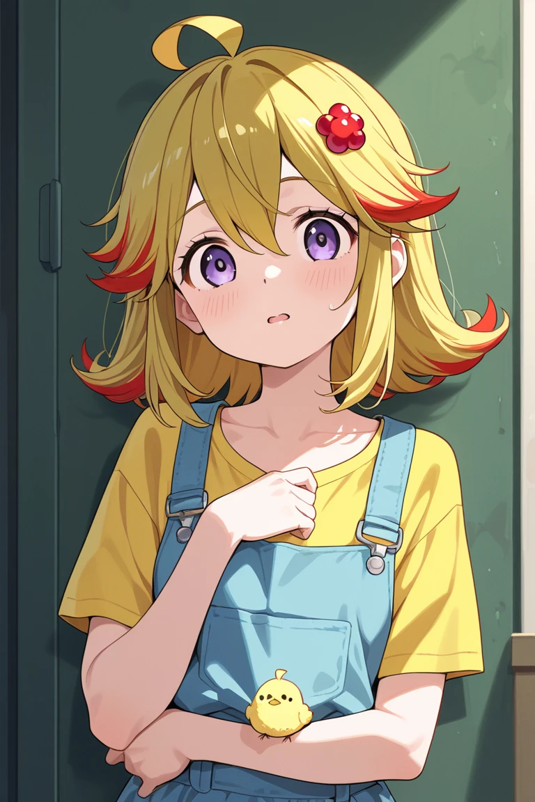 Ruby Hoshino, 1 girl, Solo, Ruby Hoshino, Symbol-shaped pupil, (Left star-shaped pupil:1.5), (Red eye, Left star:1.5), Long hair, Blonde hair, Bangs, Blush, Side ponytail, baggy clothes, side tie panties, barefoot, thighs, girl with only a shirt, baggy shirt, simple shirt, white shirt