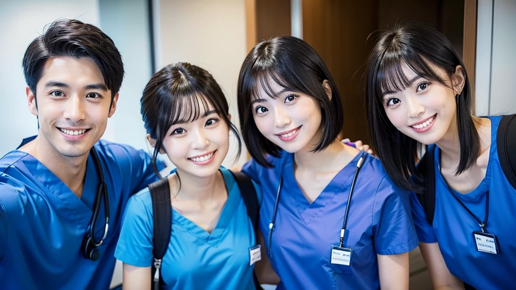 (2 Girls )、(Beautiful Japanese,round face、Refreshing、clear、seems kind、stylish、Pitiful、cute like an angel、cute、black eyes、(Single eyelid:1.3)、Beautiful skin), {(Japan human face:1.4),(General facial features)} , (((Beautiful breasts:0.4))),(((soft breasts))),(very cute),(,black hair,),(enchanting eyes),(highlight on eyes:1.2)、(8K、Live shooting、highest quality、masterpiece:1.2、optimal lighting)、((masterpiece)),(Photo taken by a professional photographer),(real、photo real:1.4),BREAK,((taraditional nurse uniform))},(cleavage:0.5)},( Smile),(cheeks are red:1.3), break, hospital,Face shot:1.0、 face close-up,,(((1970s vibe)))、Hospital corridor,dynamic angle,back view