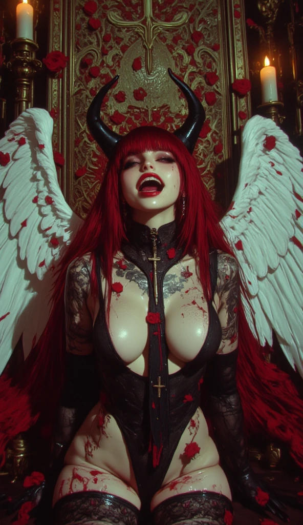 ultra realistic, photography, long red hair, girl, 24 years old, hourglass figure, perfect body, small breasts, Flirty look, extremely detailed artgerm, in the style artgerm, facing the camera, lens 35 mm, blur background, in a darkly lit church at night, standing near an altar, lit candles, nun veil, big black wings on her back, black latex leotard, black latex stockings, full body, full body picture