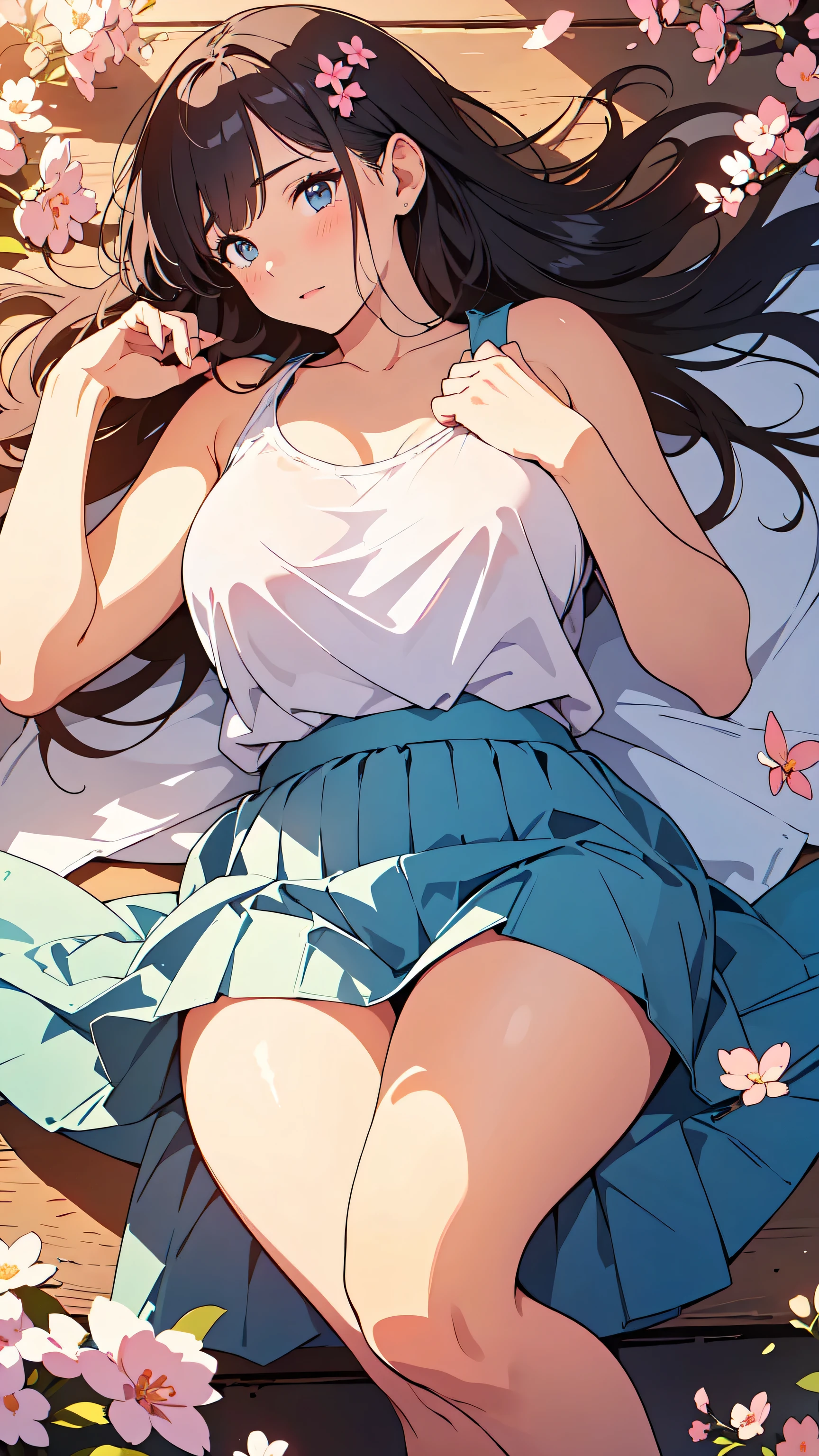 masterpiece, Best Quality, illustrations, Realistic background image:1.5,lots of cherry blossoms blooming, (( An image outlined with very thin lines :1.3)), very well detailed, fine section , portai , 8k, perfect dynamic composition, detailed expressions , beautiful eyes in every detail , (Shiny hair, Parted bangs, long hair), (Big Natural :1.5), plump chest:1.3, chest, Beautiful Legs, (28-year-old adult female), (), Adult Beauty, Clean Women, Japanese woman, (tank top for feet , Plain, Shirts with a large open chest), (Long Skirt, Random Color), ( blushes with embarrassment ), ( Party:1.1),blue sky, clear, Spring breeze , ( pose showing panties ), spread legs,from side,lying,