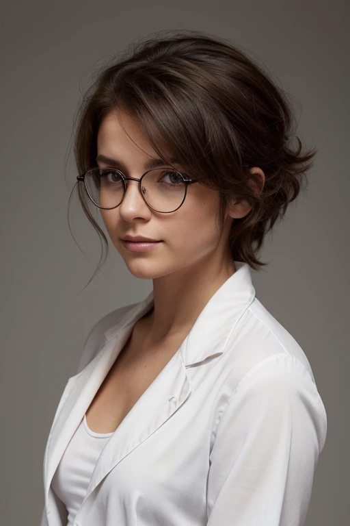 B&W photo, masterpiece, Humanity, Charming chubby Russian fashion model 22 years old with aesthetic small breasts, round face, round cheeks, round chin, beautiful proportional small wide nose, dark brown eyes, long eyelashes, Sarcastic Look, glasses with lenses, plump sensual lips, ironic one-sided half-smile, very tousled dark brown tousled short hair, spiky tousled hair, white cotton button-down shirt, gray background Portrait-Medium plan