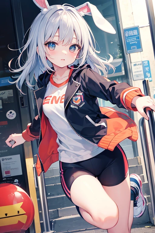 1girl, solo, white hair, blue eyes, short ponytail, t-shirt, open jacket, jeans, sneakers, standing, in parking lot, smug,night