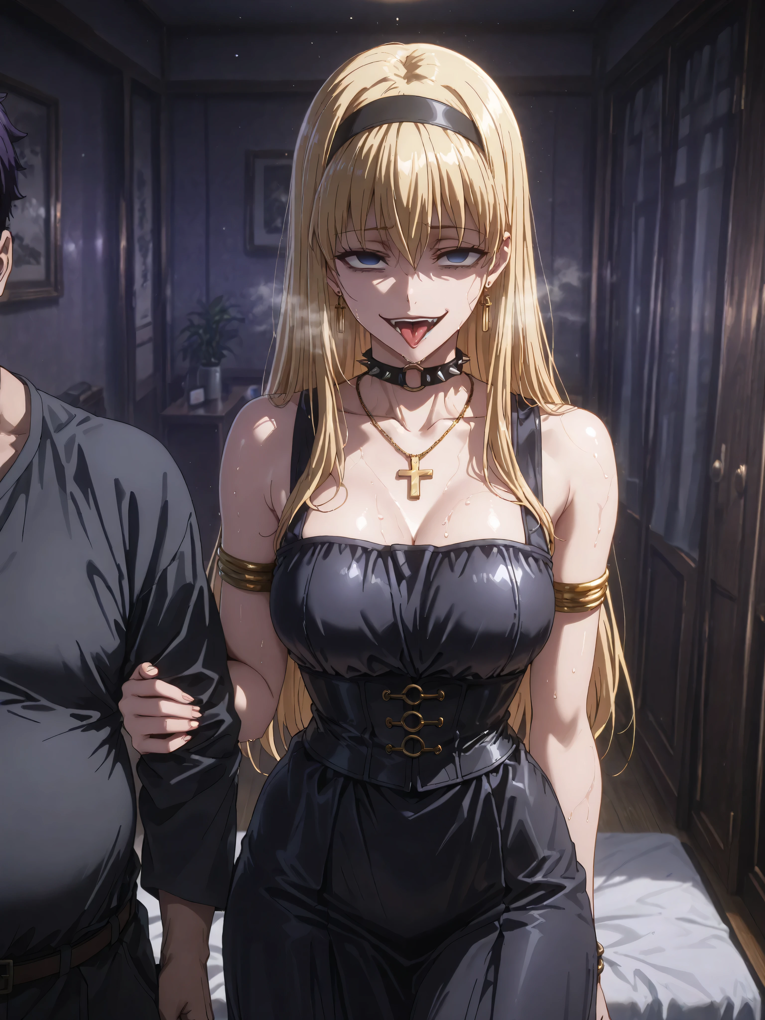 ,underbust,(( Hotel room , Love Hotel,dark room , night, dark purple , messy room )),Các hình minh họa high resolution,masterpiece,extremely detailsed,high resolution,eyes details, Mouth details,underbust,((Sensitivity)) , masterpiece, absurd res, highres, detailsed background, high resolution, necessary, details, best Quality , Quality , High detailss, glare lens, Matte background, night , girl, white breath , hat,masterpiece,soft light, official painting ,masterpiece, high quality ,highres, absurd , epic scene ,Natural texture,Highest Quality ,8k,super sharp,super details,, very aesthetic, very aesthetic , Uncensored,khuôn mặt extremely detailsed, ufotable style, anime style, anime screenshots, BỞI UFOTABLE, Fate \(series\), Heaven's Feel ,( anime coloring :1.2),black lipstick,, humiliation, (super details), very aesthetic , latest ,suspicious , struggle 、Falling Into Evil、Sitting in the dark,,corruption,looks at viewer, wide hips , big butt , thick thighs,solo ,shiny skin、 wet skin、 Wet groin , oily skin , mind control, perfectly round buttocks,face focus ,cowboy bắn, lots of hair ,straight ,Brainwashing,stand,cuck NTR pov ,steam , house corridor, black necklaces , necklaces , Oblique, necklace, collarbone, earrings, jewelry, earrings , necklaces gai, narrow waist , hourglass figure, from below ,( 1fat man faceless :1.3),(look at each other, sticking together) , (NTR, cuckold husband's perspective),((seductive smile,ahegao, empty eyes ,hollow eyes,smirk, mouth opening ,out,((Take a look at the Viewer)),immoral face,Om go,1 boy)),Facing position,staring,ymir fritz, blue eyes, blonde, long hair, medium breasts , bracelets, bare shoulders,black ribbon, long black tunic,
