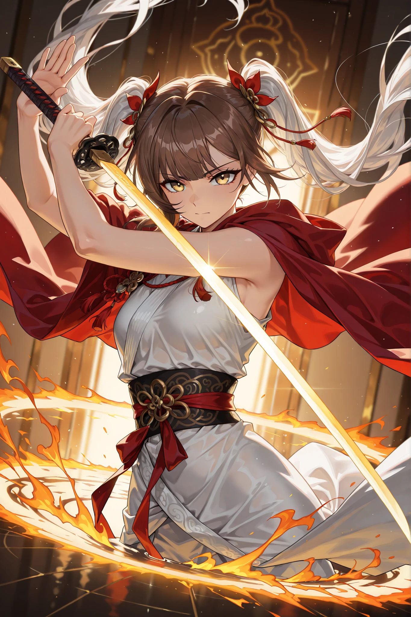 style of [arknights|(748cmstyle:0.88)], god rays, vivid colours, light stream, colour splotches, cinematic shot, mature, young adult, masterpiece, best quality, amazing quality, very aesthetic, high resolution, ultra-detailed, absurdres, (hands:-0.15),
(1girl, young adult, female:0.95), solo, alone,(dynamic pose upper body focus, dutch angle, three quarter view, close up, cowboy shot:1.2),(Li Sushang:0.43), brown hair, silver hair, long hair, twin tails, ponytail, hair ornaments, bows, (reverse grip, portal, summoning sword out of portal:1.44), heavy sword, Chinese style small katana, Chinese katana, Chinese swords, high guard, holding weapon high,(greco roman clothes, sash, toga, greek clothes:1.22), glass ocean, half submerged, burning sea, red sharp cape, draped cloth over weapon, golden eyes, silver eyes, (translucent hair:1.55), novuschroma79 style, glitch art photo
BREAK, depth of field, volumetric lighting
 