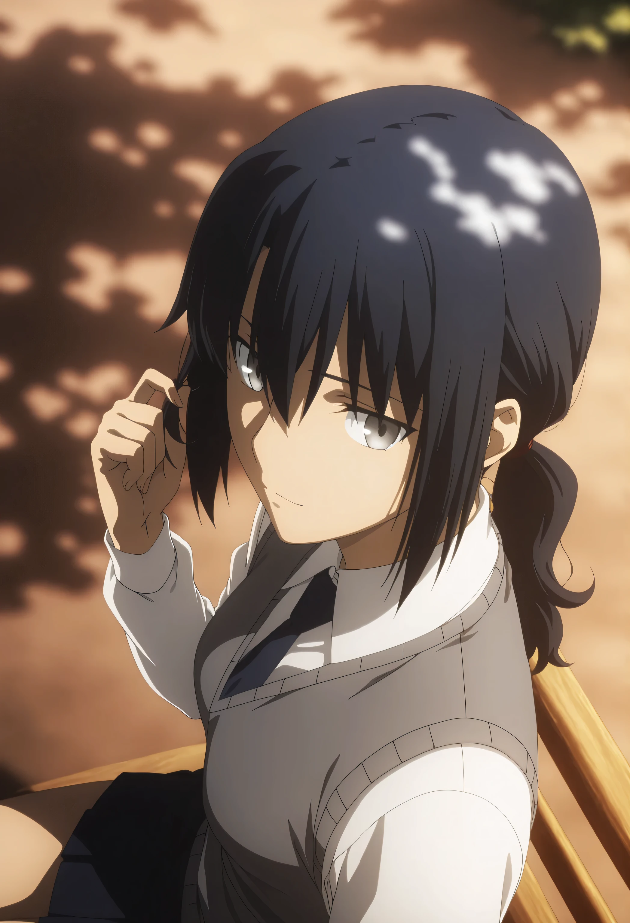 masterpiece, Best Quality, great quality, high resolution, Absard Dress, very aesthetic, high resolution, Super Detail, Perfect Details, day, upper body, Outdoors, UFOTABLE style , (まだらなday光), backlight, , ((From the above, from back)), upper body,
1girl, solo, UFOTABLE style , anime style, (ANIME COLORING BOOK:1.5), (anime screenshot of sleeping with your butt facing:1.2) ,(years old:1.4), Play with your own hair,
girl, mature, slender body, slender body, ,Fate/Grand Order, destiny, Fate/Grand Order, MEDIUM HAIR, ( straight hair , low ponytail), Light grey eyes, black hair with a young pattern, , white shirt, (Grey Sweater Vest), dark blue tie , long pleated skirt, ((small breasts)), (look back),, sitting, (expressionless), , A very faint smile, ,