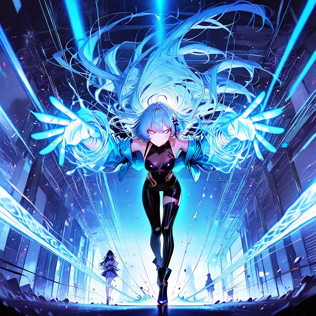 Masterpiece of a teen cute female fullbody, high contrast color details, black and white, hyperdetailed, ultra quality, 4k, bioluminescent lighting, white background with one color ink stains, drawing stroke made with Rottring 0.5mm pen, perfect drawing lines.
