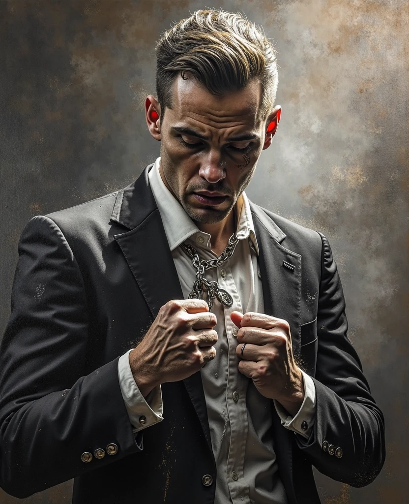 Men Teach Books, oil painting, Intense brush strokes, dramatic light, Violent expressions, Determined eyes, Hold your fist., Sweat drips down his face., Wrinkled dress, Broken chain, Dollar banknotes collapsed., Stock market chart crashes, Smoke rises in the background, Black and white with gold touch, Realism. (bestquality, high-res, ultra-detail), (Realistic:1.37), professional, vibrant colours.