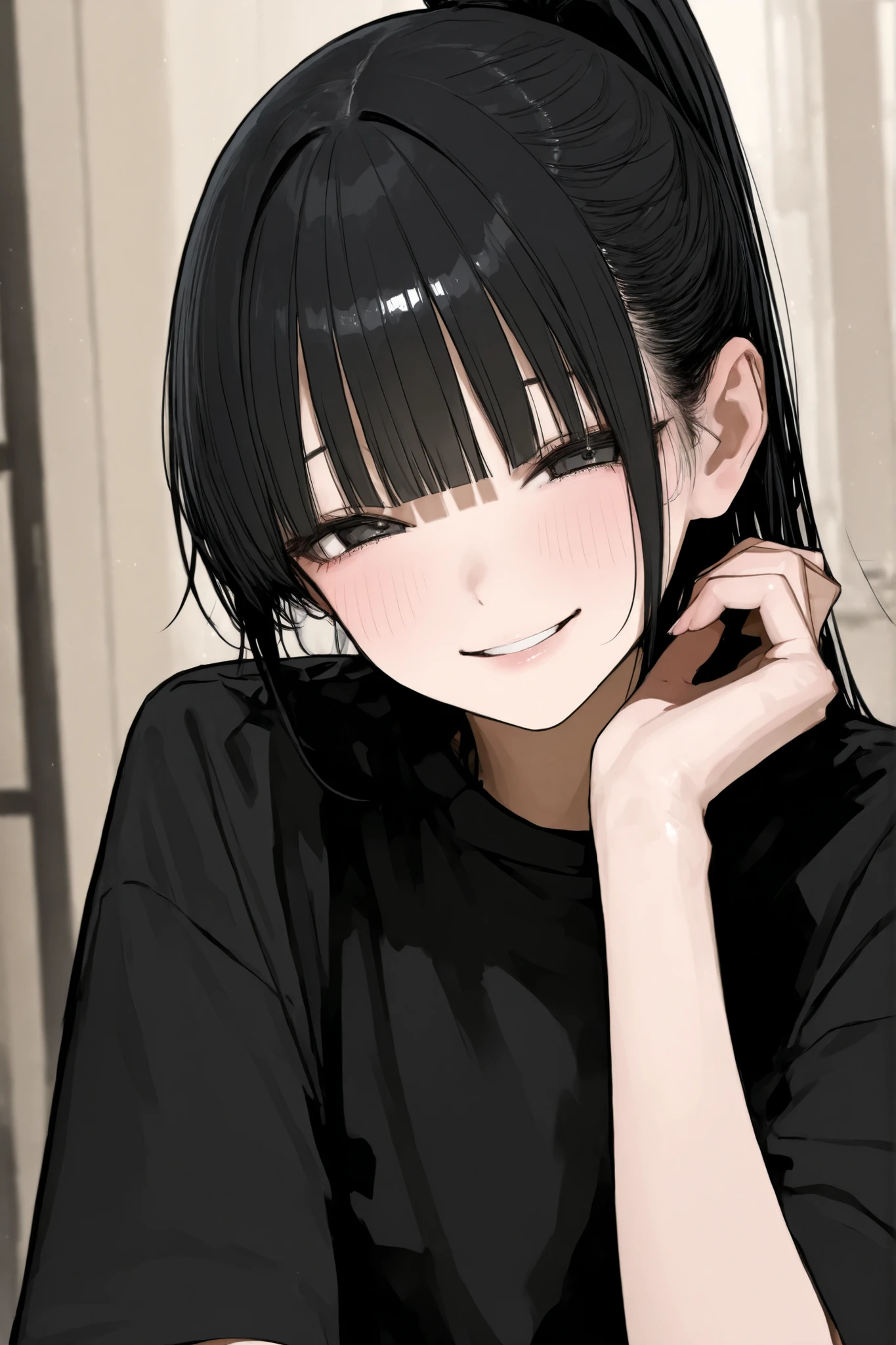 girl、black hair、ponytail、straight hair、straight bangs、Heavy bangs、smile