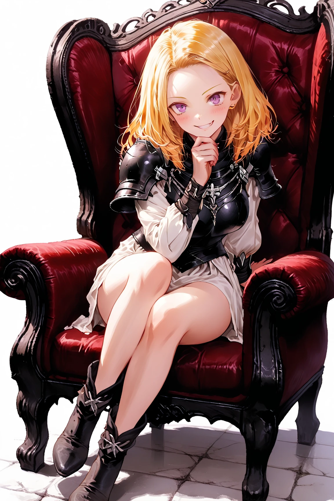 (masterpiece), best quality, (((ultra detailed, 8k quality))), expressive eyes, perfect face, perfect anatomy, perfect body, scene, <lora:scene_:0.7>, <lora:more_details:0.7>, <lora:beautiful_detailed_eyes:0.5>, <lora:GoodHands-beta2:0.7>, <lora:give_it_a_name:0.7>, <lora:ShushuSuruga:0.6>,blond hair
, ShushuSuruga, bob cut, black hairband, military uniform, bare shoulders, elbow gloves, belt, black shorts, knee boots
 sitting, thrones, crossed legs, grin,