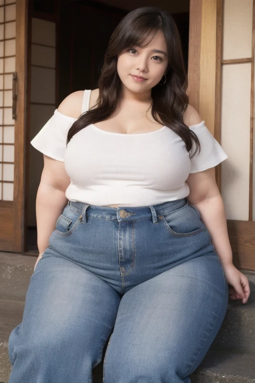 Femme très grosse, debout de profil , Makima, bbwchan, cheveux rouges et yeux jaunes, double menton, elle carresse son gros ventre mou et rebondi, full belly, aftermath, gros ventre rond, en forme de boule sous le jean, Elle porte un short en jean et un haut en dentelle, belle lumière sur elle, magnifique femme obese