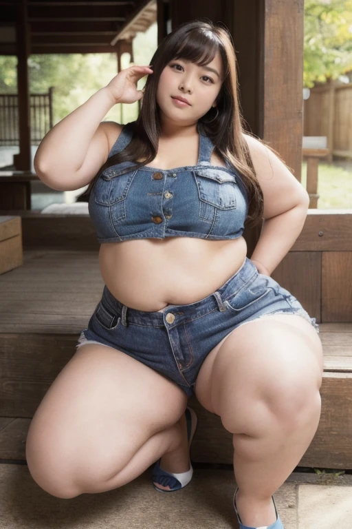 ((full body shot)) of (thick woman :1.5), slightly chubby face: 1.3, beautiful woman: 1.3, super detailed face, detailed eyes, thick hips :1.5, thick calfs: 1.4, wearing (skimpy black latex swimsuit), (cloth blue denim short pants), standing by bed, smile