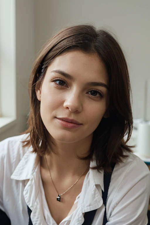25 ans, brune, yeux marrons, delicate, professional light, flash lit, poudre de contour, sexy, French touch, cheveux de longueur moyenne, grains de beauté, sourire romantique, Seductive look, pose coquine, bonne couverture, de nuit, éclairée par les flashs des photographes, skin details, pores de la peau, Appareil photo numérique Kodak Smile 10MP, tendance on Behance, colorful clothes, ornement de cheveux, hairclip, cheveux moyens, rougit, (des mains parfaites) , Secretary outfit (chemise blanche, jupe, chemisier, collants), dans un bureau, ordinateur