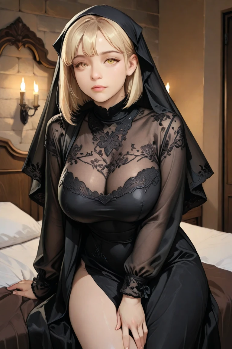 Best quality, masterpiece, ultra high res, raw photo, beautiful and aesthetic,deep shadow, dark theme,(ultra detailed:1.3),
1girl, sitting pose, flower headdress, full of curtain, drill hair, long hair, blonde hair, gradient hair, yellow eyes, solo, big hair, blue hair, divine goddess, looking at viewer, indoors, bedroom, astraea, full body, black dress, black pantyhose, silver chain, cleavage cutout, stomach cutout, bare arms, bareshoulders