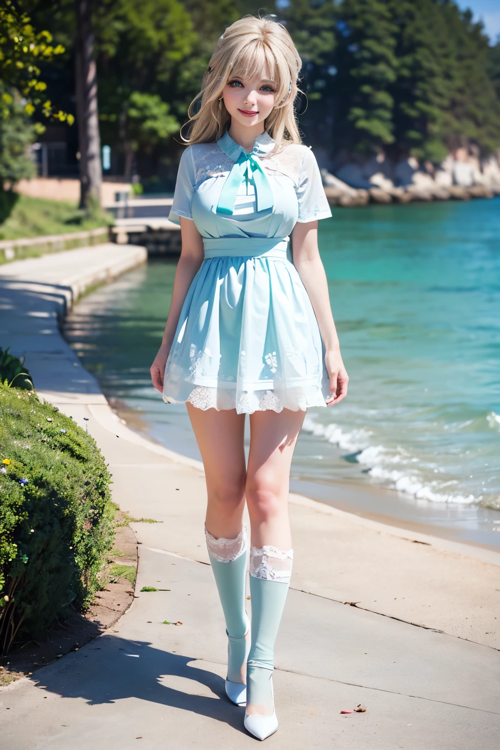 Best quality, full body focus, full body shot, perfect face, soft light, ultra high res, 8k, Masterpiece, , , view the viewer, full body , Front view, (1girl:(loli:1.2), , Cute face, (blue eys:1.5), (Light Blonde long:0.7 hair, Bangs), beautiful (Big breasts:1.2), , Beautiful boob, Beautiful finger, Beautiful hands, Beautiful arms, Beautiful feet, Beautiful legs, (high resolution detail of human skin texture) , ((white Short sleeves Mint Green sundress, , knee-high socks, white with lace trim, white pin high heels)), , Summer, Sea Side,, , (( standing, , smiling, nose blush) , )) , ,score_9, solo, no bra, no panties, ,