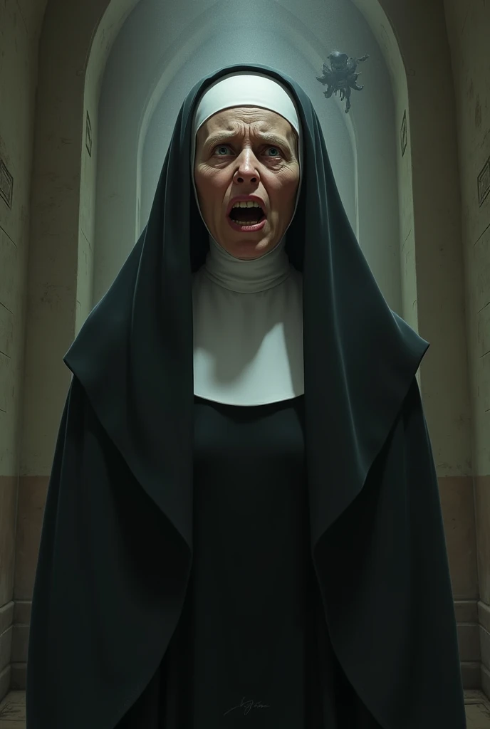 A nun with red hair and green eyes clad in gray clothes stands frightened in the cathedral, her semi-transparent habit revealing delicate outlines. her thin glossy lips quiver in fear as her detailed eyes express a deep sense of disturbance. The multiple angles of this 1.2 full body photo show her wavering figure, one angle highlighting her scared face with a trembling chin, another revealing the intricate design of her habit, and yet another capturing the detailed expression of her terrified gaze. The play of light and shadow in the cathedral accentuates her thin frame and the transparency of her clothes, adding to the eerie and suspenseful atmosphere. The photo is of the highest quality