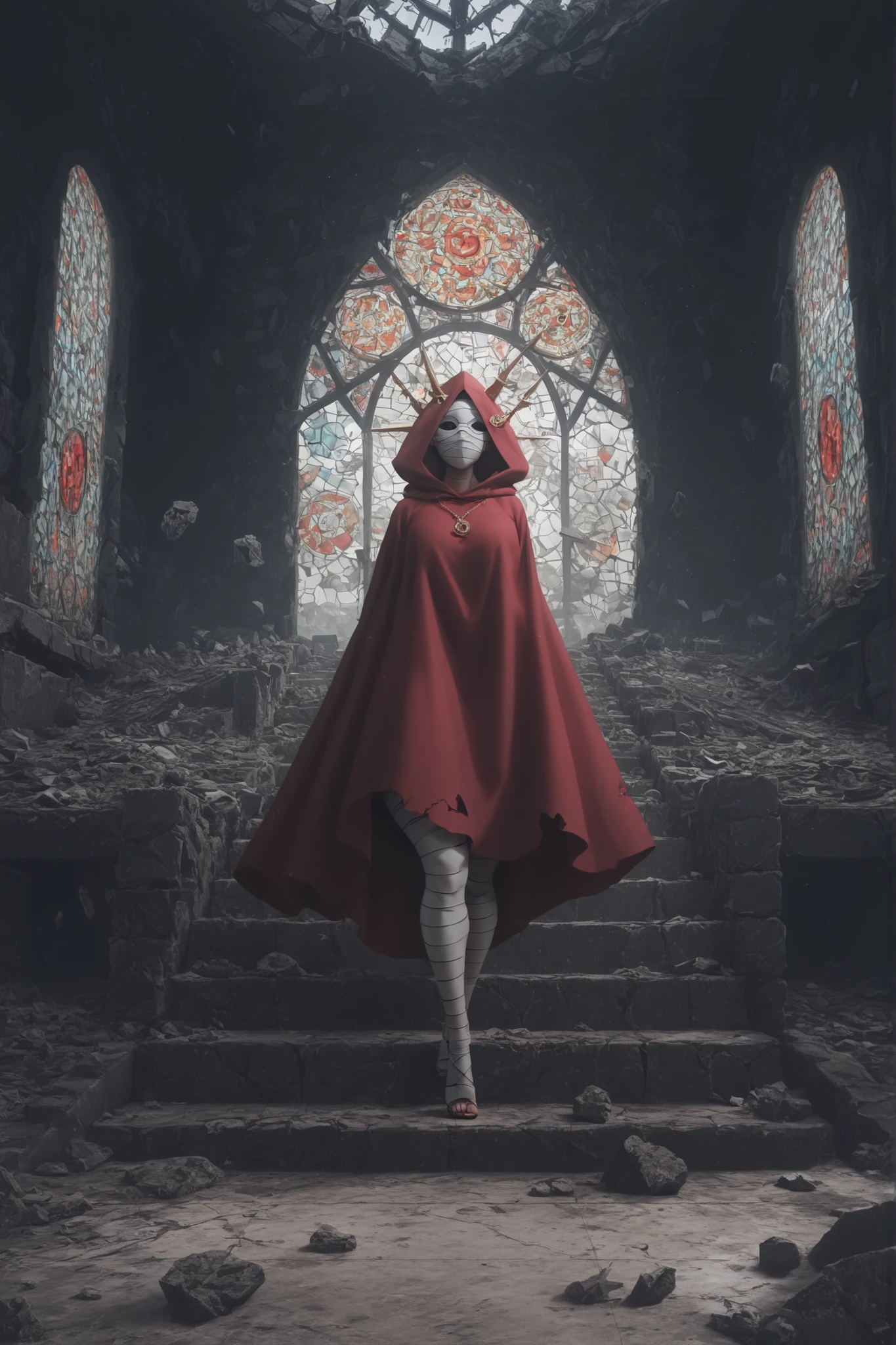 kuna2, Expressiveh, eto, 1girl, solo, bandages, hollow eyes, covered face, hood up, red cloak , wide hips, thick thighs, huge ass, (obra maestra, altamente detallado, la mejor calidad, 8k, hyperrealism), subsurface scattering, Standing on a stair, background of a City ruins, debris, broken glass, shattered windows, old stone floor, interior environment, Artificial soft lighting, high detailed background,