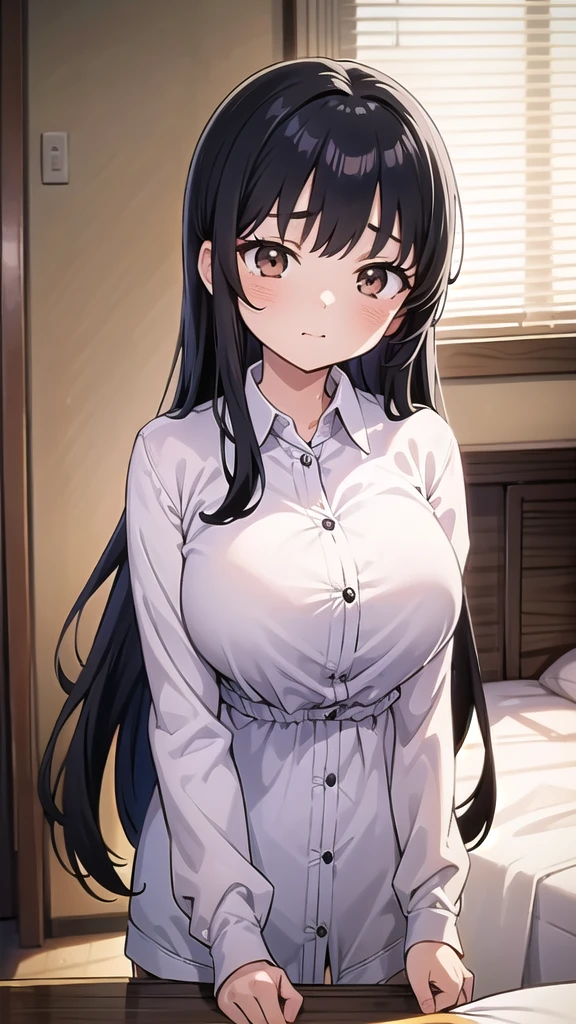 1girl, mature women,perfect ,black hair, long hair, (hair over one eye:1.4), messy hair, hair between eyes,plump, saggy breast, pajama, cute shy blush on , bedroom