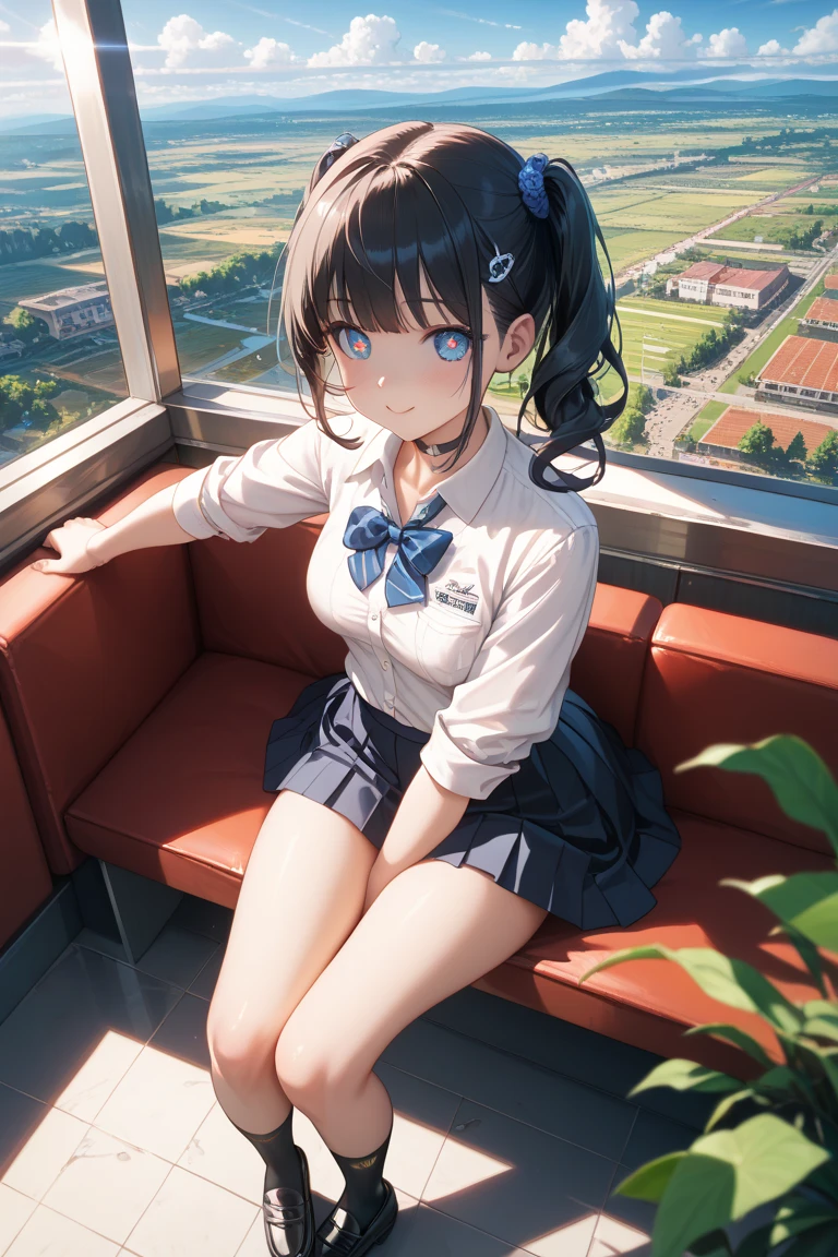masterpiece, highest quality, High resolution, short hair, Short skirt、Drooping eyes,barefoot,Looking up,Embarrassed face,Angle from below、Small breasts、Sailor suit、Polka dot underwear、Peace sign next to face、In the classroom、The legs are thin、soaked、Hair color is black、Wear a flower headband on your head