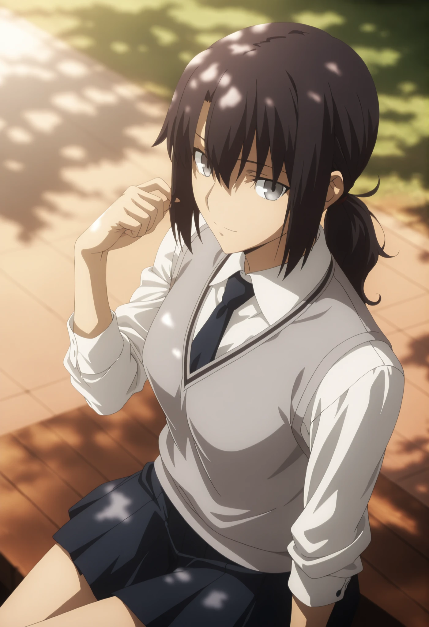 masterpiece, best quality, amazing quality, highres, absurdres, very aesthetic, high resolution, ultra detailed, perfect details, day, upper body, outdoors, ufotable style, (dappled sunlight), backlight, , ((from above, from back)), upper body,
1girl, solo, ufotable style, anime style, (anime coloring:1.5), (anime screencap:1.2) ,(aged up:1.4), playing with own hair,
girl, mature, slim body, slender body, ,Fate Grand Order, fate, Fate Grand Order, medium hair, (straight hair, low ponytail), light gray eyes, black hair, , white shirt, (gray sweater vest), dark blue necktie , long pleated skirt, ((small breasts)), (looking back),, sitting, (expressionless), , very light smile, ,