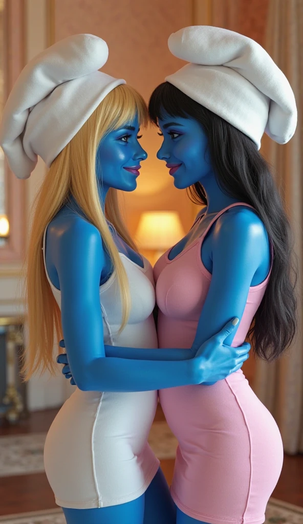 A realistic rendering of a David Wright style illustration of a very close shot, ultra close shot on the breasts of two pert, nubile, thin, freckled teen girls with 50s style, very short blue hair, bows in hair, topless, best quality, tiny breasts, bare breasts, small breasts, bare crotch, exposed crotch, pink nipples , puffy nipples , exposed nipples , wearing pink bondage straps, black, spiked choker necklace, a silver chain wrapped around body, open, white blouse, white lace collar, black lace, pastel lace straps under nipples, pastel lace straps under breasts, open light blue, fuzzy sweater, undressing, uniform, partially clothed, reclining on a bed in a pink, 1950s, teen girl's bedroom, ultra close shot on breasts