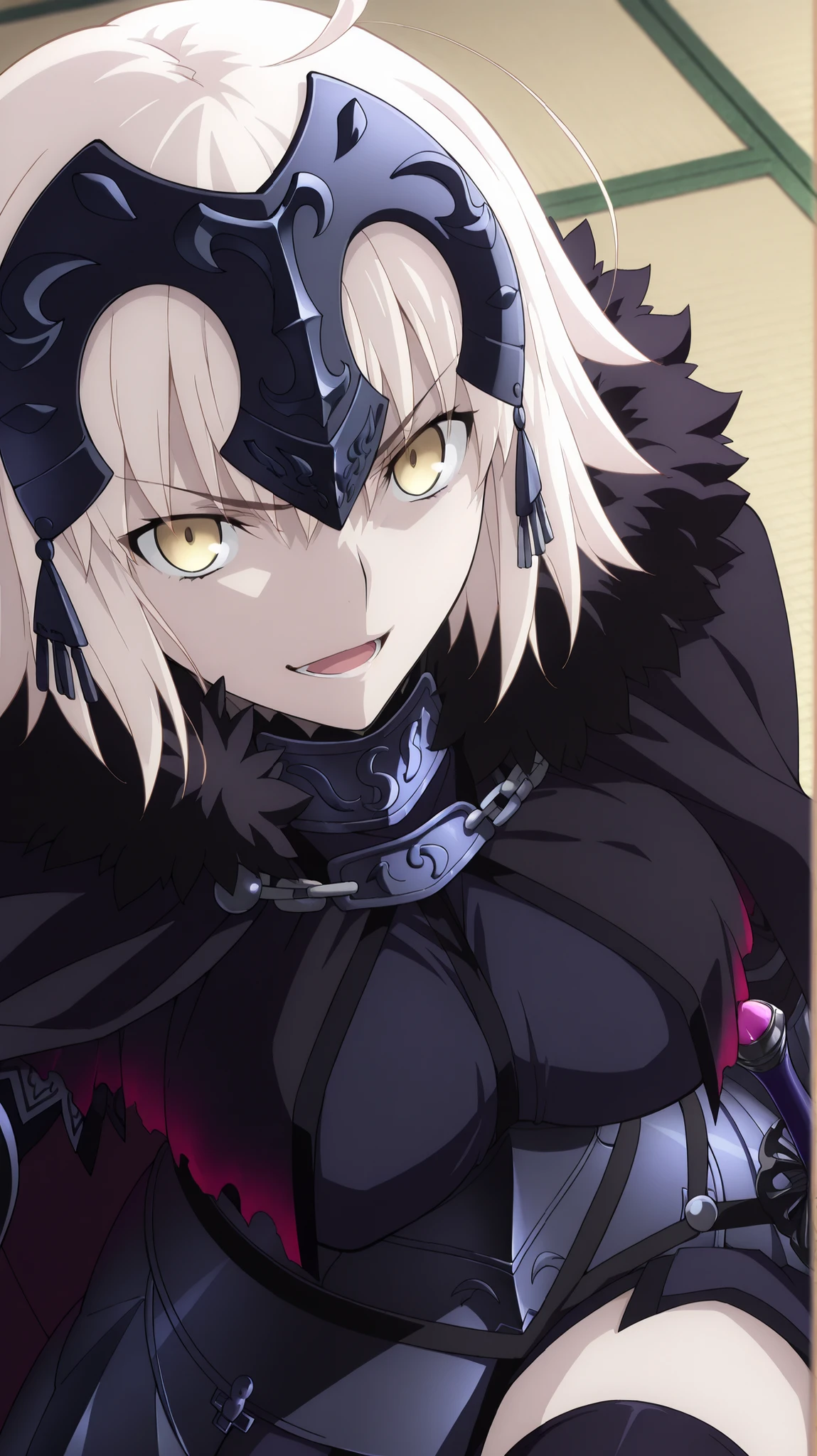 jeanne_d'arc_alter_(fate)
high resolution, masterpiece, necessary, detail, best quality, quality, necessary,, High details, precise,
solo,1girl
Bgirl, jeanne d'arc alter, Fate Grand Order, Fate, Fate Grand Order, jalter, white hair, yellow eyes, ahoge, short hair,
headpiece, armor, armored dress, black thighhighs, cape, dress, fur trim, fur-trimmed cape, scowl, sheath, short dress, thighhighs, clothes,
Japanese-style room,tatami
, close-up, looking at viewer, face focus, upper body
, seductive smile,open mouth