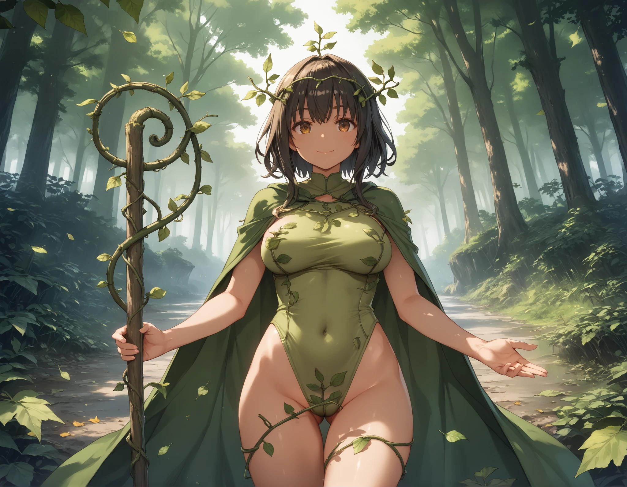 masterpiece, best quality, integrated scenery, integrated background, extremely delicate and beautiful, meticulous details, good composition, , cute face, perfect face, perfect hands
,fantasy, BLAKE, 1forest_elemental_girl,(using_leaves_clothes:1.2),(green_leaves_covered_breasts:1.2), (large_leaves_covered_crotch:1.2),(leaves_covered_groin),large_breasts,dynamic_pose_standing, light_smile, half_closed_gold_eyes, medium_hair, navel,(dark_skin1.3), (winding_vine_around_torso:1.2),(abs:0.2), forest_landscape, twig_headgear, green_leaves_cape, glab_staff_grip, thighs, slouch, half_closed_drooping_eyes,raising_arms,closed_mouth